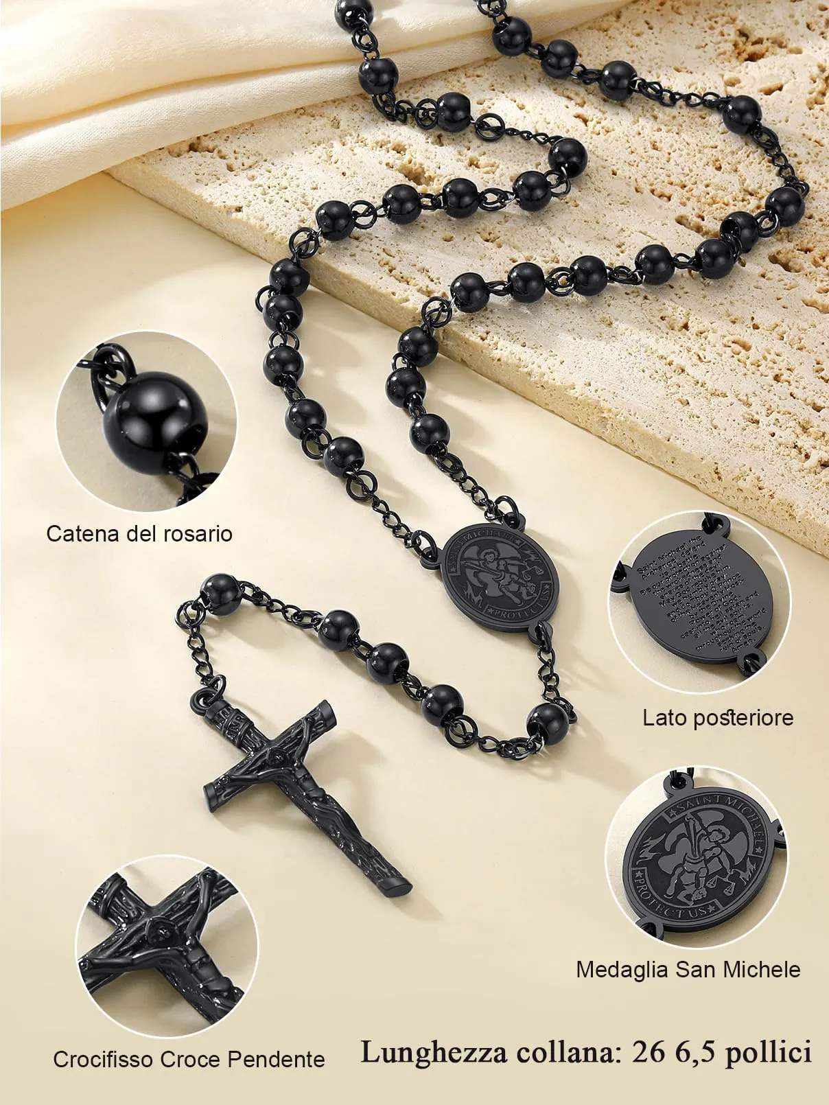 FaithHeart Collana Rosario Cristiano Medagila San Michele Argento Nero Oro Catena Lunga di Perline Preghiera 66+16 CM Collana Amuleto Gioielli Religiosi Regalo Compleanno - immagine 4