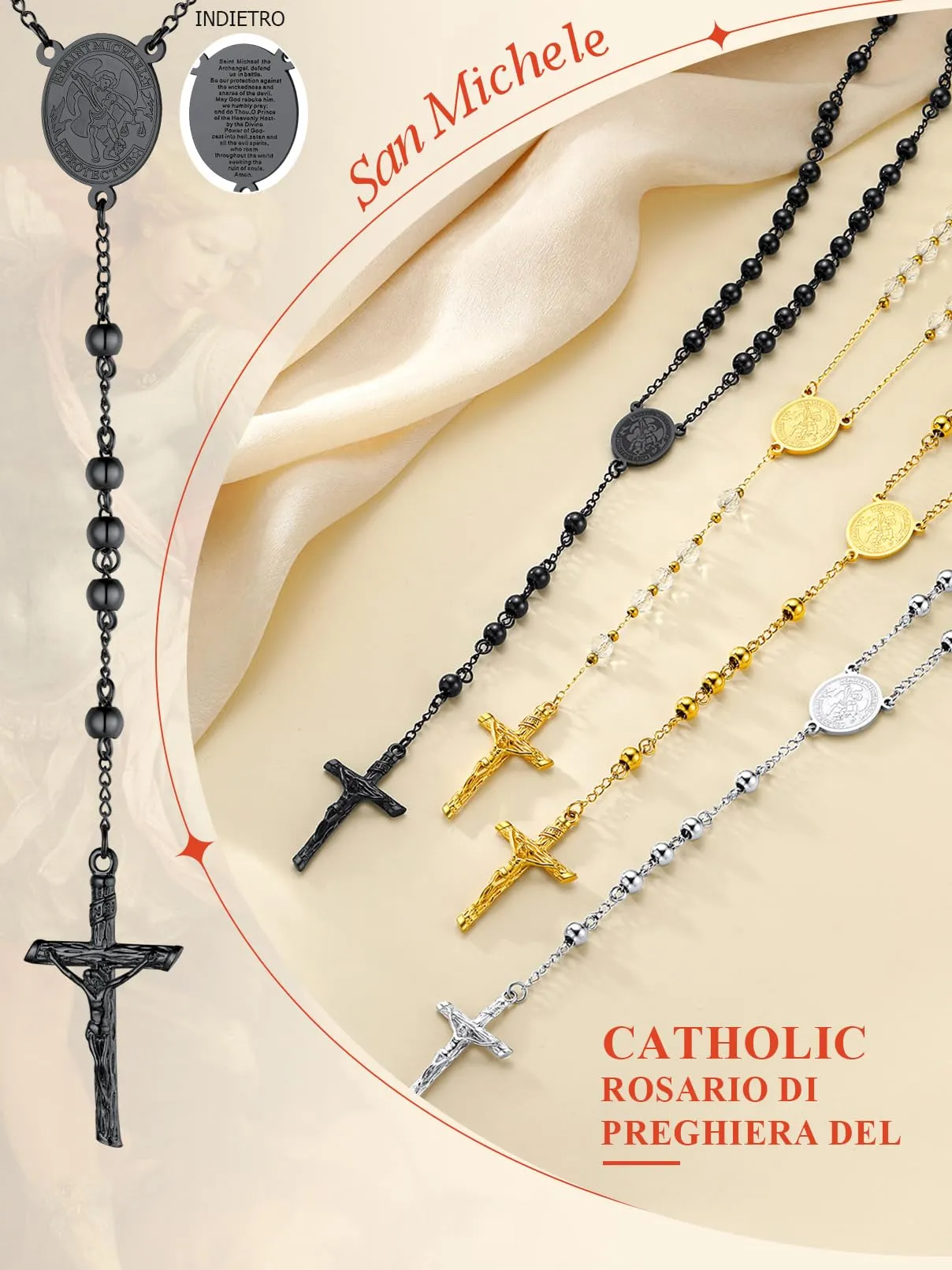 FaithHeart Collana Rosario Cristiano Medagila San Michele Argento Nero Oro Catena Lunga di Perline Preghiera 66+16 CM Collana Amuleto Gioielli Religiosi Regalo Compleanno - immagine 7
