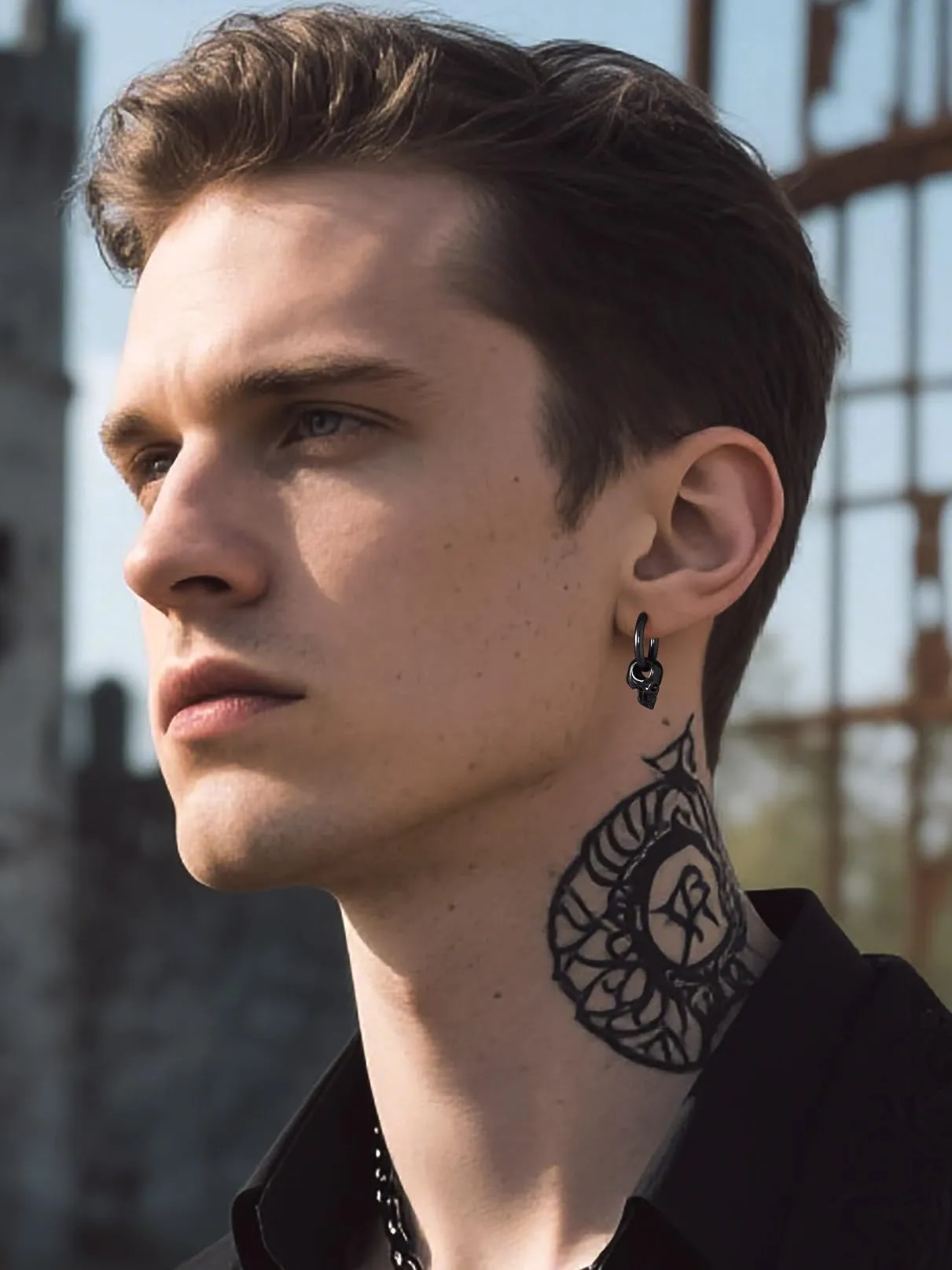 Bandmax Teschio Orecchini Pendenti Uomo Donna, Nero Orecchini Acciaio Chirurgico, 01 Stile Vintage Orecchini Anallergici a Cerchio, Gioielli Uomo di Moda per Punk Goth Rapper Ragazzi - immagine 3