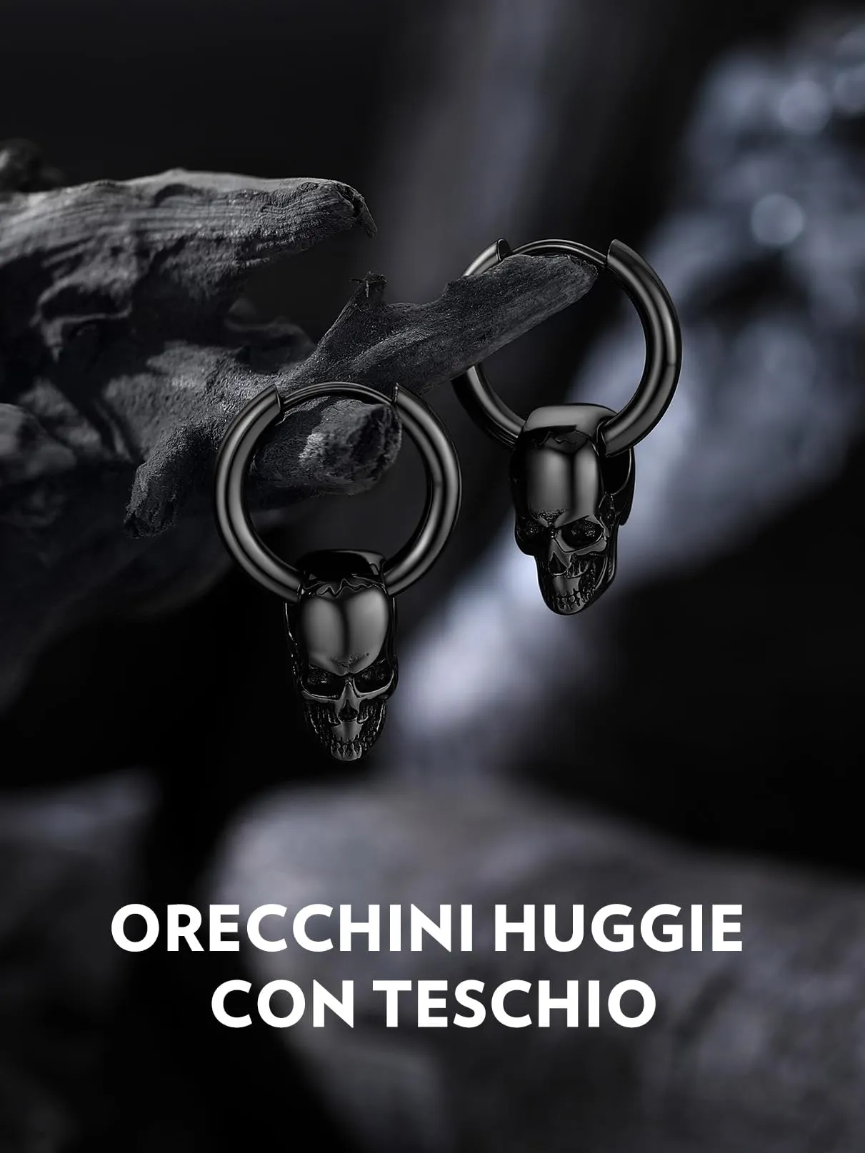Bandmax Teschio Orecchini Pendenti Uomo Donna, Nero Orecchini Acciaio Chirurgico, 01 Stile Vintage Orecchini Anallergici a Cerchio, Gioielli Uomo di Moda per Punk Goth Rapper Ragazzi - immagine 4