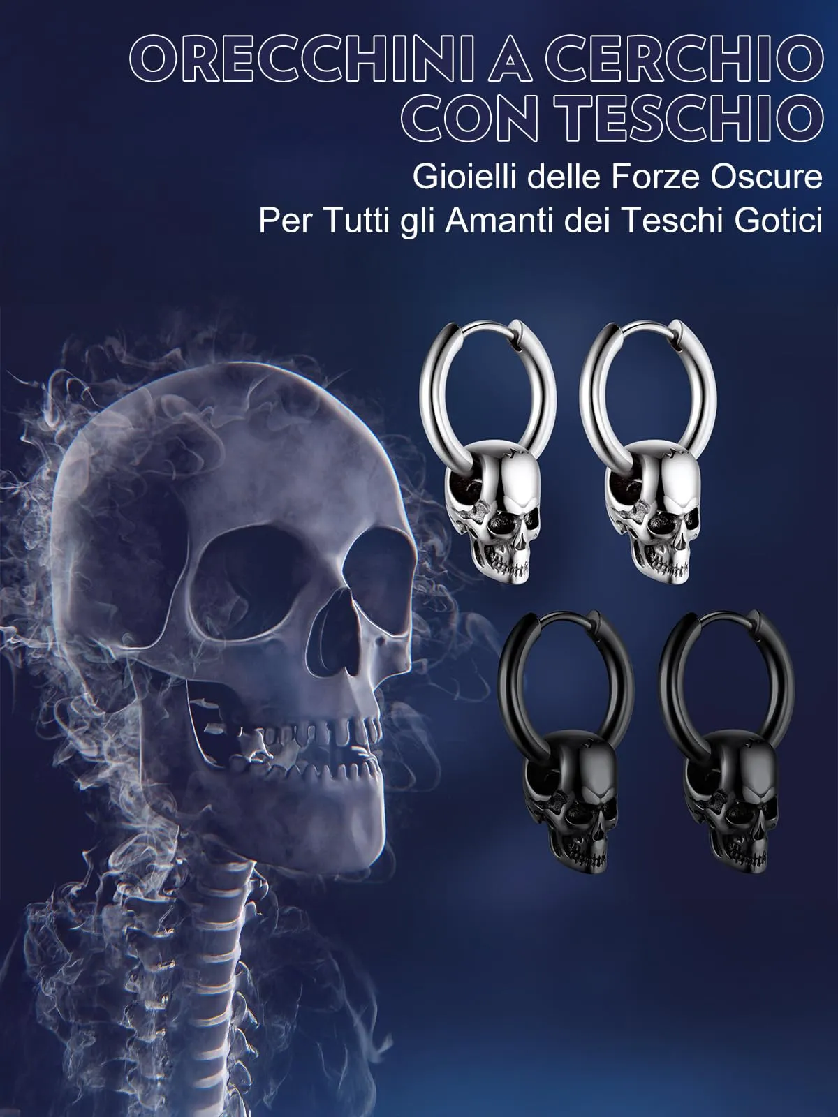 Bandmax Teschio Orecchini Pendenti Uomo Donna, Nero Orecchini Acciaio Chirurgico, 01 Stile Vintage Orecchini Anallergici a Cerchio, Gioielli Uomo di Moda per Punk Goth Rapper Ragazzi - immagine 7