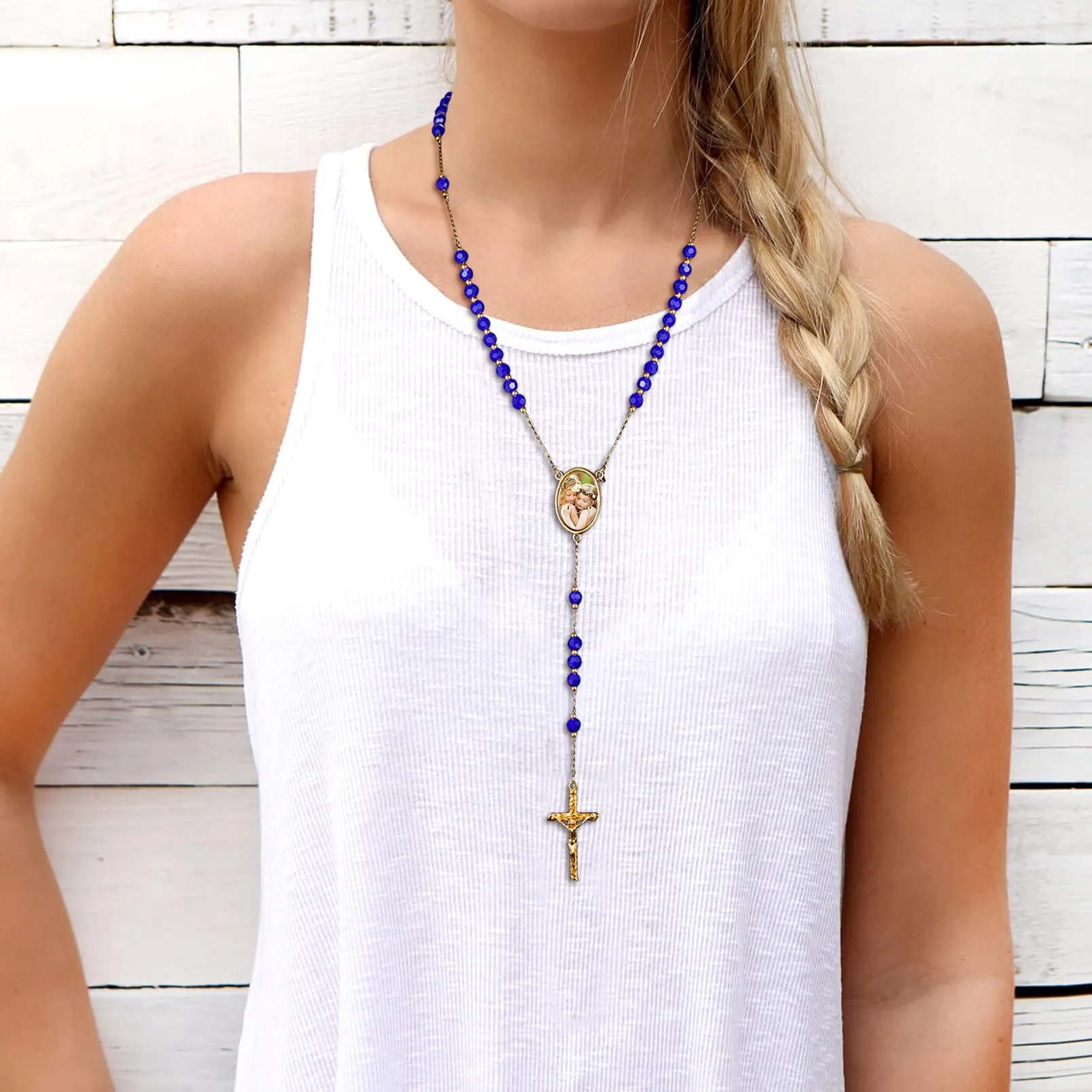 FaithHeart Collana Rosario Medaglia HD Foto Uomo Donna Crocifisso Pregheria Collana Croce Cattolica Personalizzata Catena Colorata con Perline Ciondolo Crocifisso Gioielli Religiosi - immagine 2