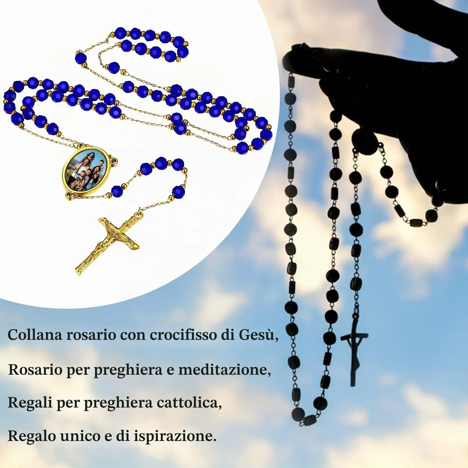 FaithHeart Collana Rosario Medaglia HD Foto Uomo Donna Crocifisso Pregheria Collana Croce Cattolica Personalizzata Catena Colorata con Perline Ciondolo Crocifisso Gioielli Religiosi - immagine 3