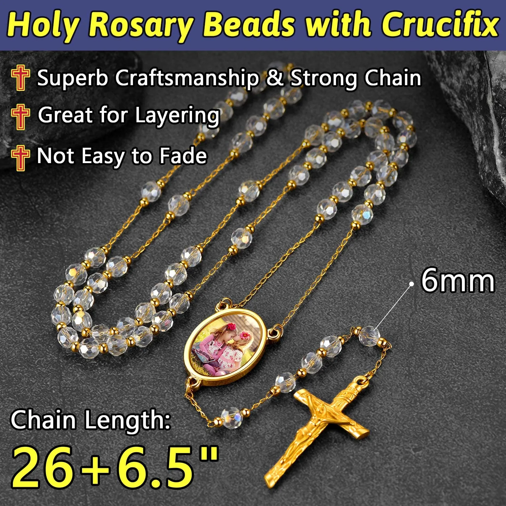 FaithHeart Collana Rosario Medaglia HD Foto Uomo Donna Crocifisso Pregheria Collana Croce Cattolica Personalizzata Catena Colorata con Perline Ciondolo Crocifisso Gioielli Religiosi - immagine 3
