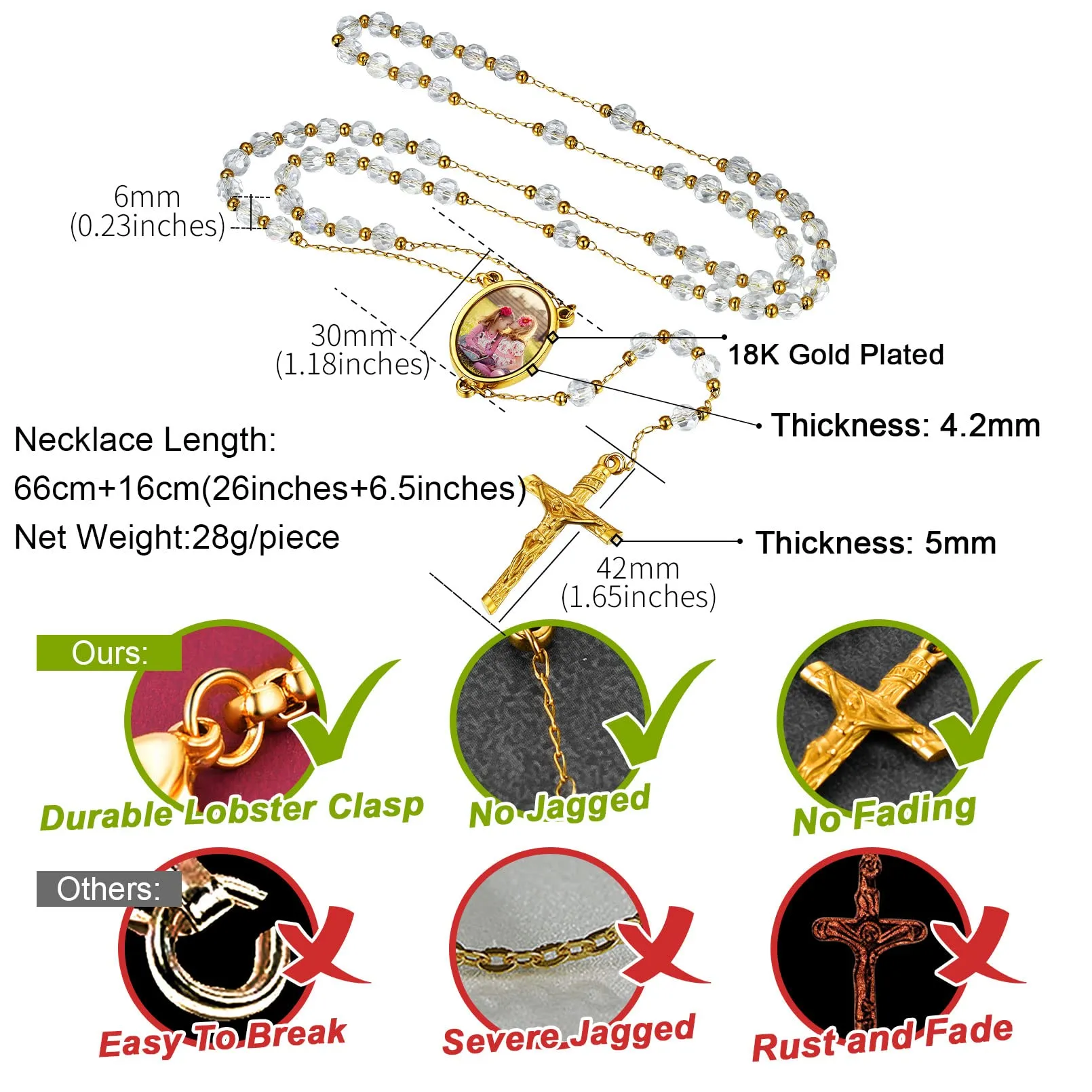 FaithHeart Collana Rosario Medaglia HD Foto Uomo Donna Crocifisso Pregheria Collana Croce Cattolica Personalizzata Catena Colorata con Perline Ciondolo Crocifisso Gioielli Religiosi - immagine 4