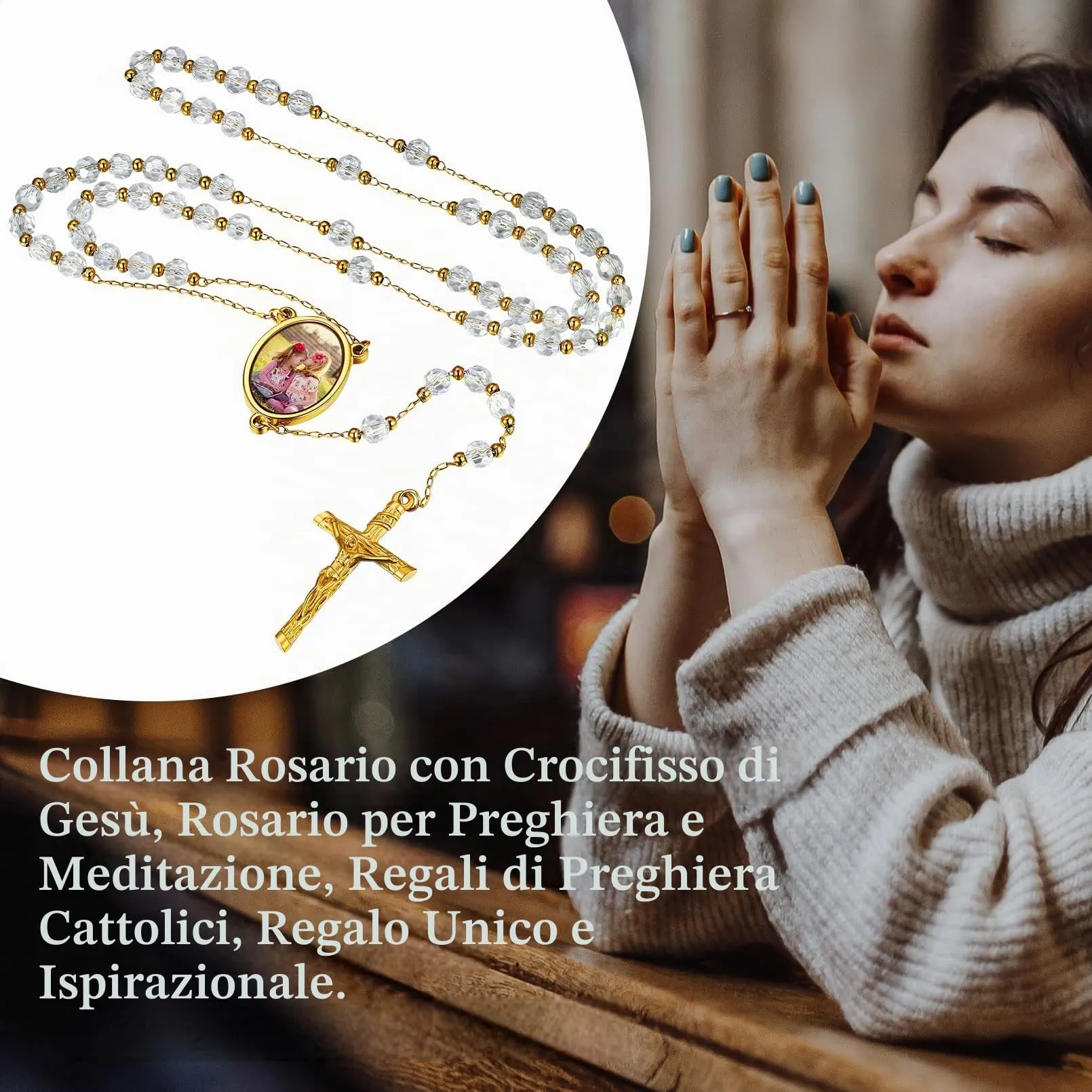 FaithHeart Collana Rosario Medaglia HD Foto Uomo Donna Crocifisso Pregheria Collana Croce Cattolica Personalizzata Catena Colorata con Perline Ciondolo Crocifisso Gioielli Religiosi - immagine 5
