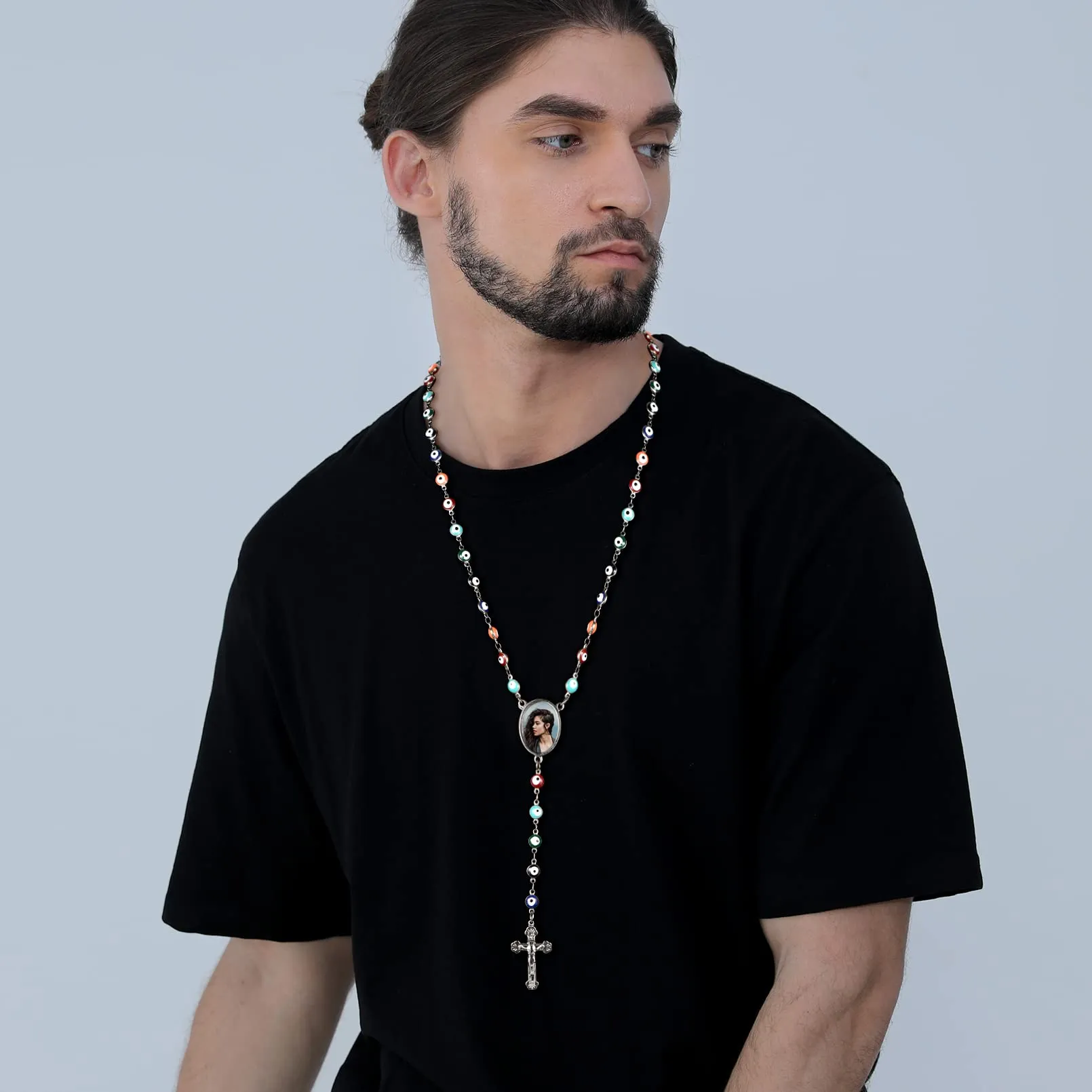FaithHeart Collana Rosario Medaglia HD Foto Uomo Donna Crocifisso Pregheria Collana Croce Cattolica Personalizzata Catena Colorata con Perline Ciondolo Crocifisso Gioielli Religiosi - immagine 2