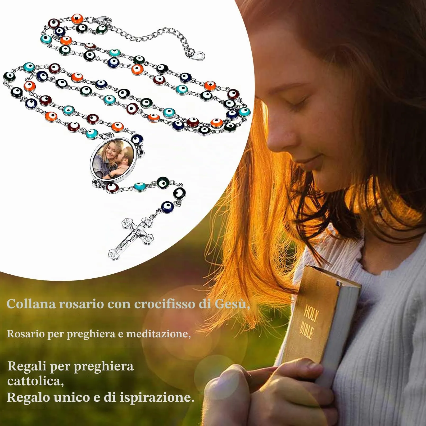 FaithHeart Collana Rosario Medaglia HD Foto Uomo Donna Crocifisso Pregheria Collana Croce Cattolica Personalizzata Catena Colorata con Perline Ciondolo Crocifisso Gioielli Religiosi - immagine 3