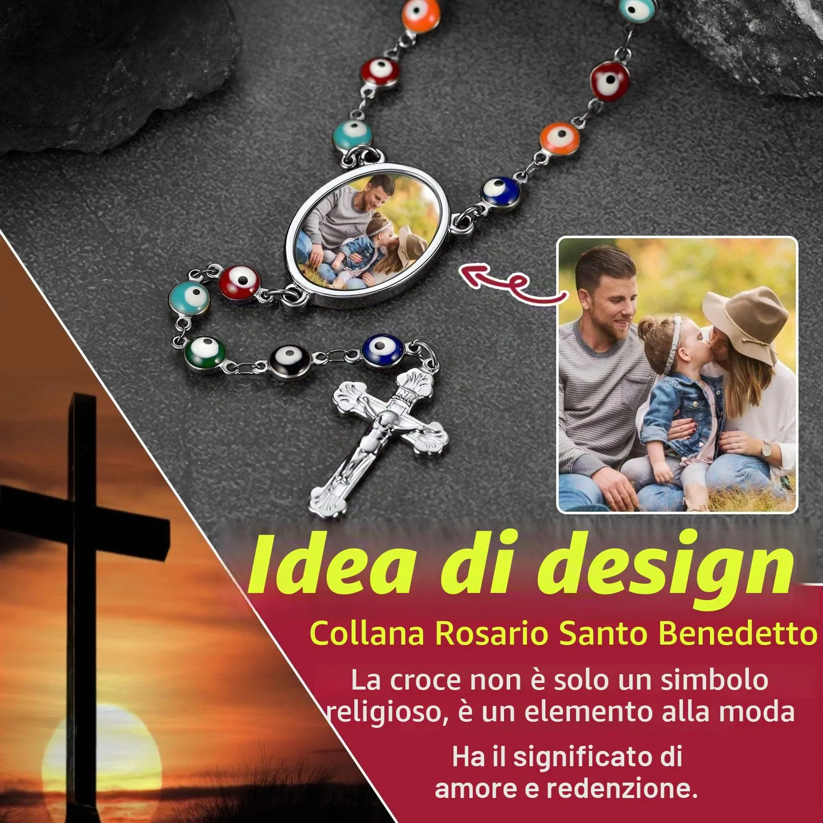 FaithHeart Collana Rosario Medaglia HD Foto Uomo Donna Crocifisso Pregheria Collana Croce Cattolica Personalizzata Catena Colorata con Perline Ciondolo Crocifisso Gioielli Religiosi - immagine 4