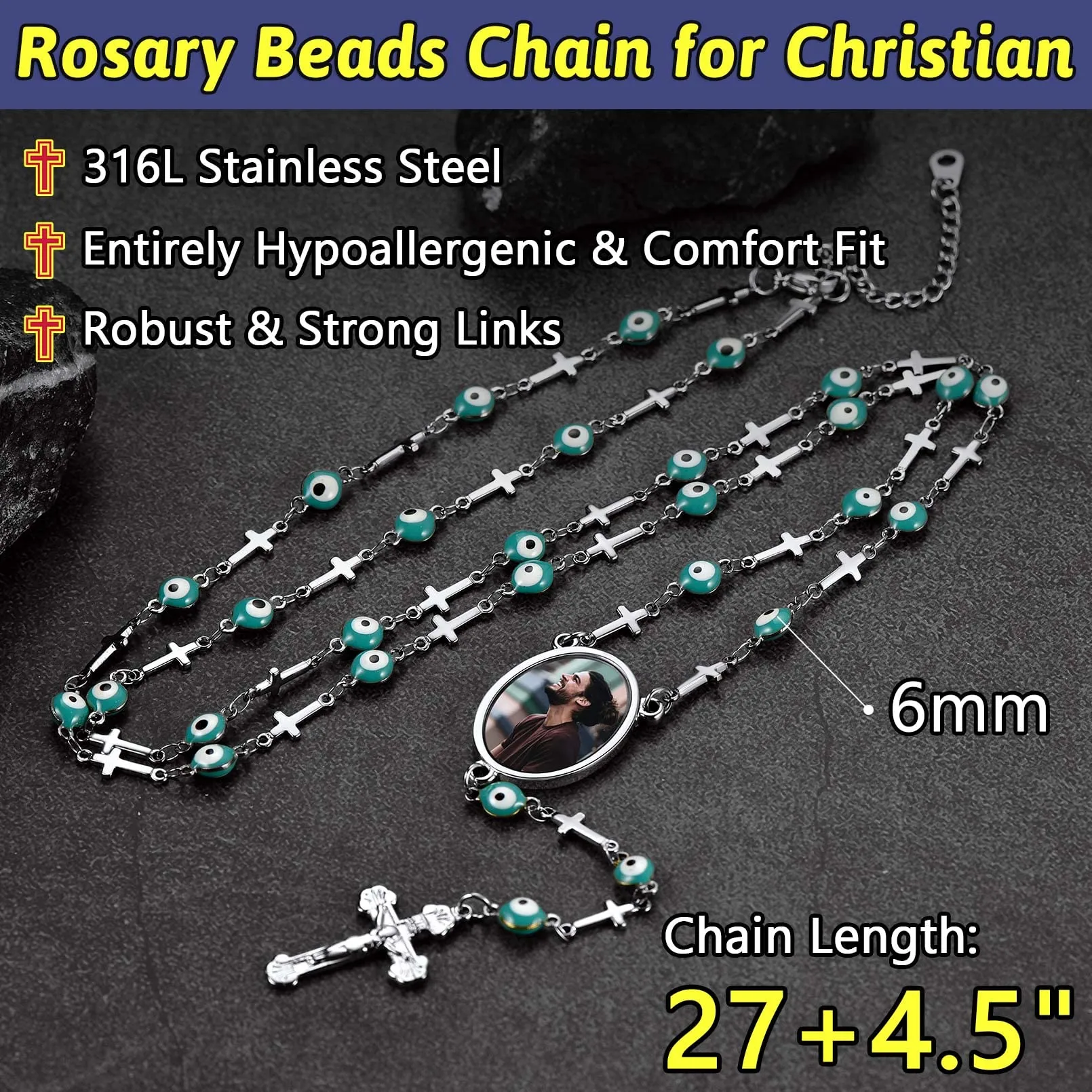 FaithHeart Collana Rosario Medaglia HD Foto Uomo Donna Crocifisso Pregheria Collana Croce Cattolica Personalizzata Catena Colorata con Perline Ciondolo Crocifisso Gioielli Religiosi - immagine 3