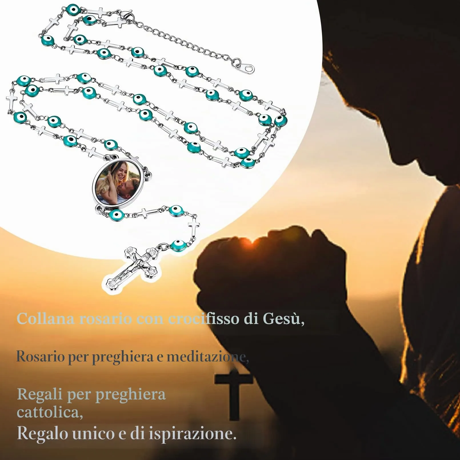 FaithHeart Collana Rosario Medaglia HD Foto Uomo Donna Crocifisso Pregheria Collana Croce Cattolica Personalizzata Catena Colorata con Perline Ciondolo Crocifisso Gioielli Religiosi - immagine 4