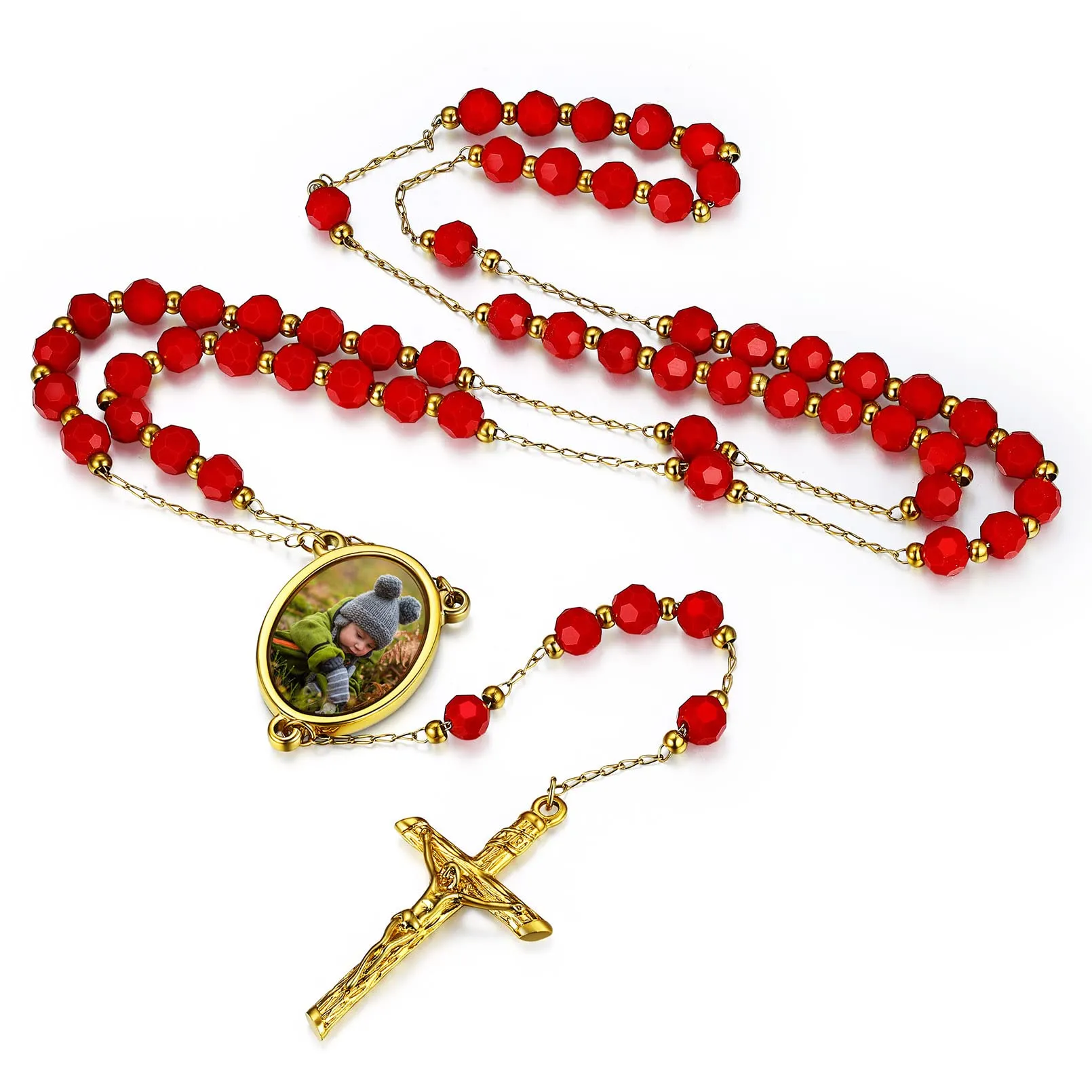 FaithHeart Rosario Cattolico Donne/Uomo Collana Rosario d'oro con Perline Santa Maria San Benedetto San Michele Arcangelo Medaglia con Crocifisso Ciondolo Gioielli per Comunione Battesimo, 05-rosso - immagine 1