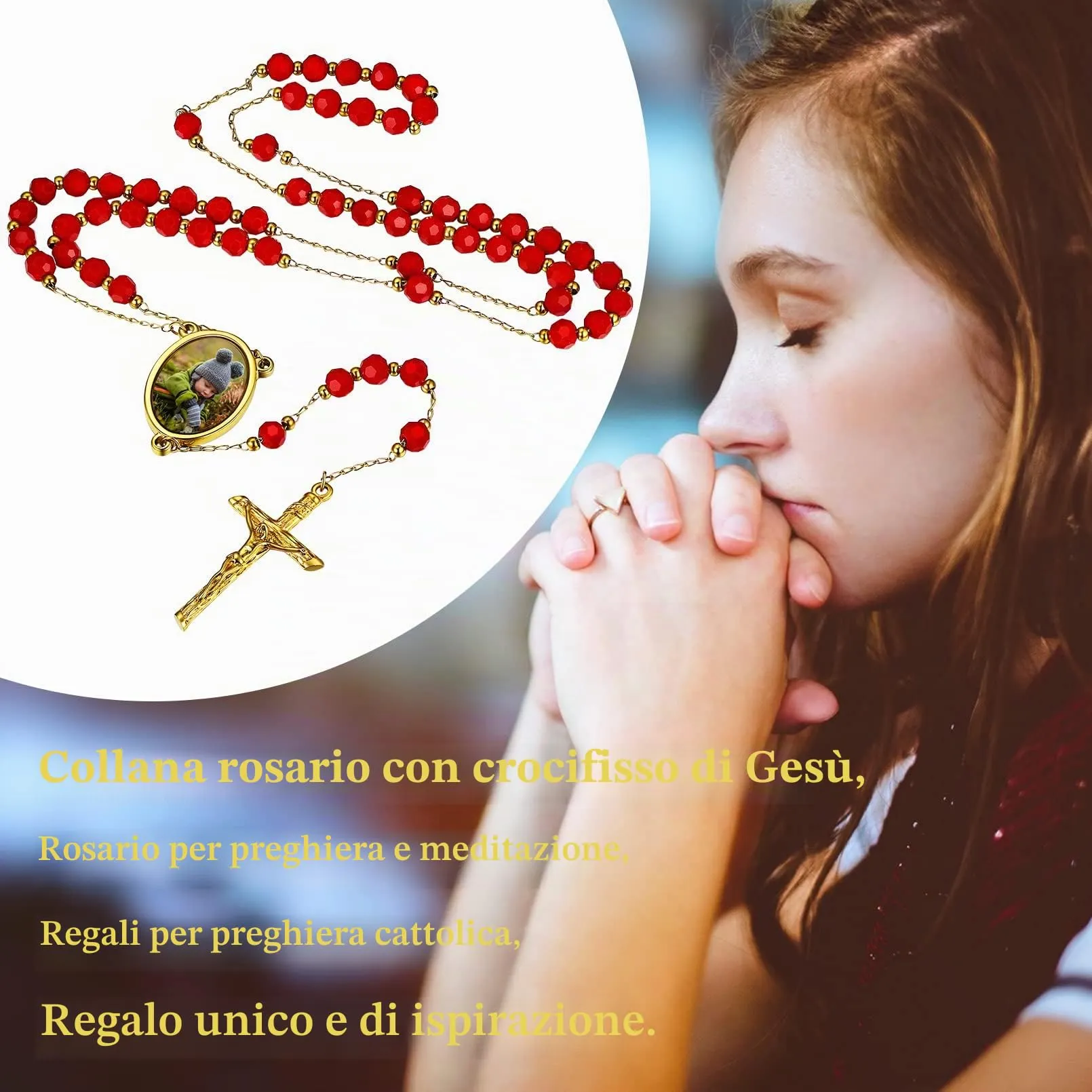 FaithHeart Rosario Cattolico Donne/Uomo Collana Rosario d'oro con Perline Santa Maria San Benedetto San Michele Arcangelo Medaglia con Crocifisso Ciondolo Gioielli per Comunione Battesimo, 05-rosso - immagine 3