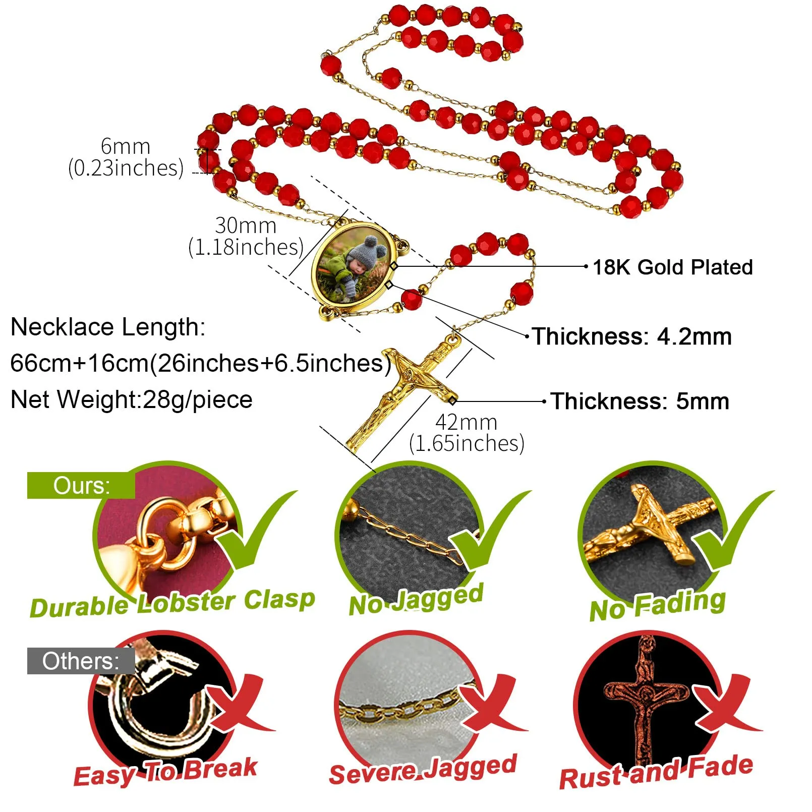 FaithHeart Rosario Cattolico Donne/Uomo Collana Rosario d'oro con Perline Santa Maria San Benedetto San Michele Arcangelo Medaglia con Crocifisso Ciondolo Gioielli per Comunione Battesimo, 05-rosso - immagine 4