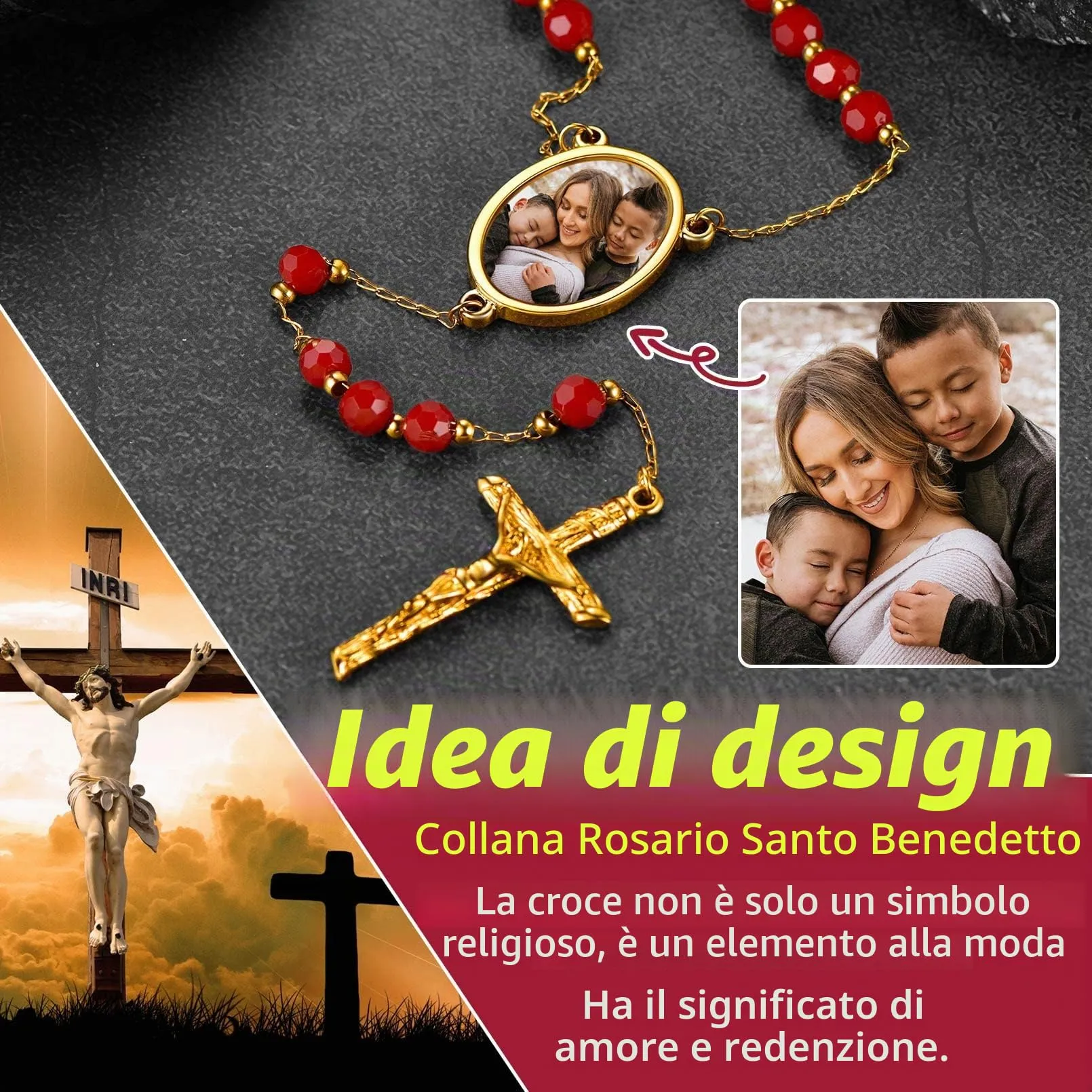 FaithHeart Rosario Cattolico Donne/Uomo Collana Rosario d'oro con Perline Santa Maria San Benedetto San Michele Arcangelo Medaglia con Crocifisso Ciondolo Gioielli per Comunione Battesimo, 05-rosso - immagine 6