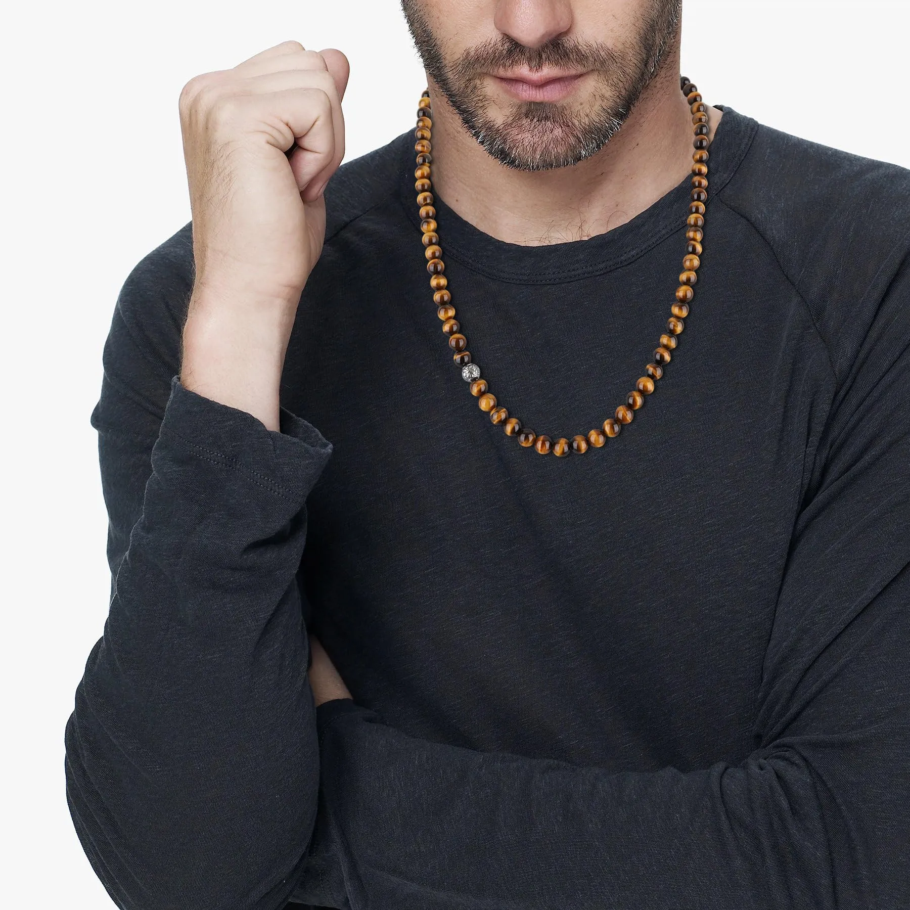 GAVU Collana Uomo Occhio di Tigre Pietra Naturale, Collana di Perline da Uomo con Amuleto Fleur de Lis 55cm - immagine 2