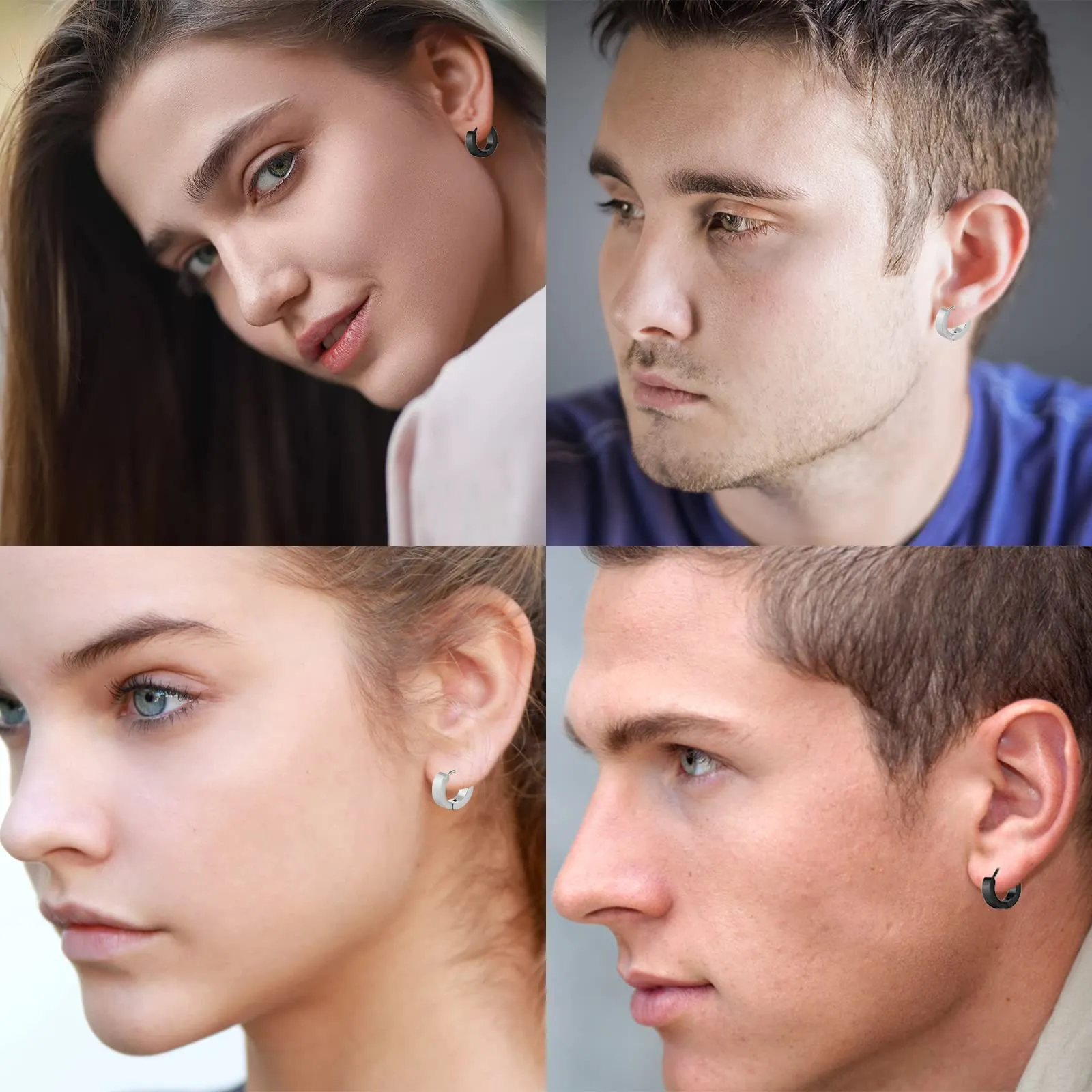 Momeski 2 paia di orecchini da uomo/donna in acciaio inossidabile nero argento opaco orecchini a cerchio classici da 4 mm / 9 mm (nero e argento) - immagine 5