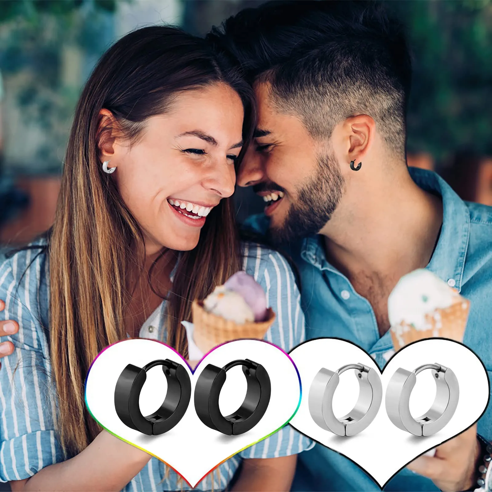 Momeski 2 paia di orecchini da uomo/donna in acciaio inossidabile nero argento opaco orecchini a cerchio classici da 4 mm / 9 mm (nero e argento) - immagine 6