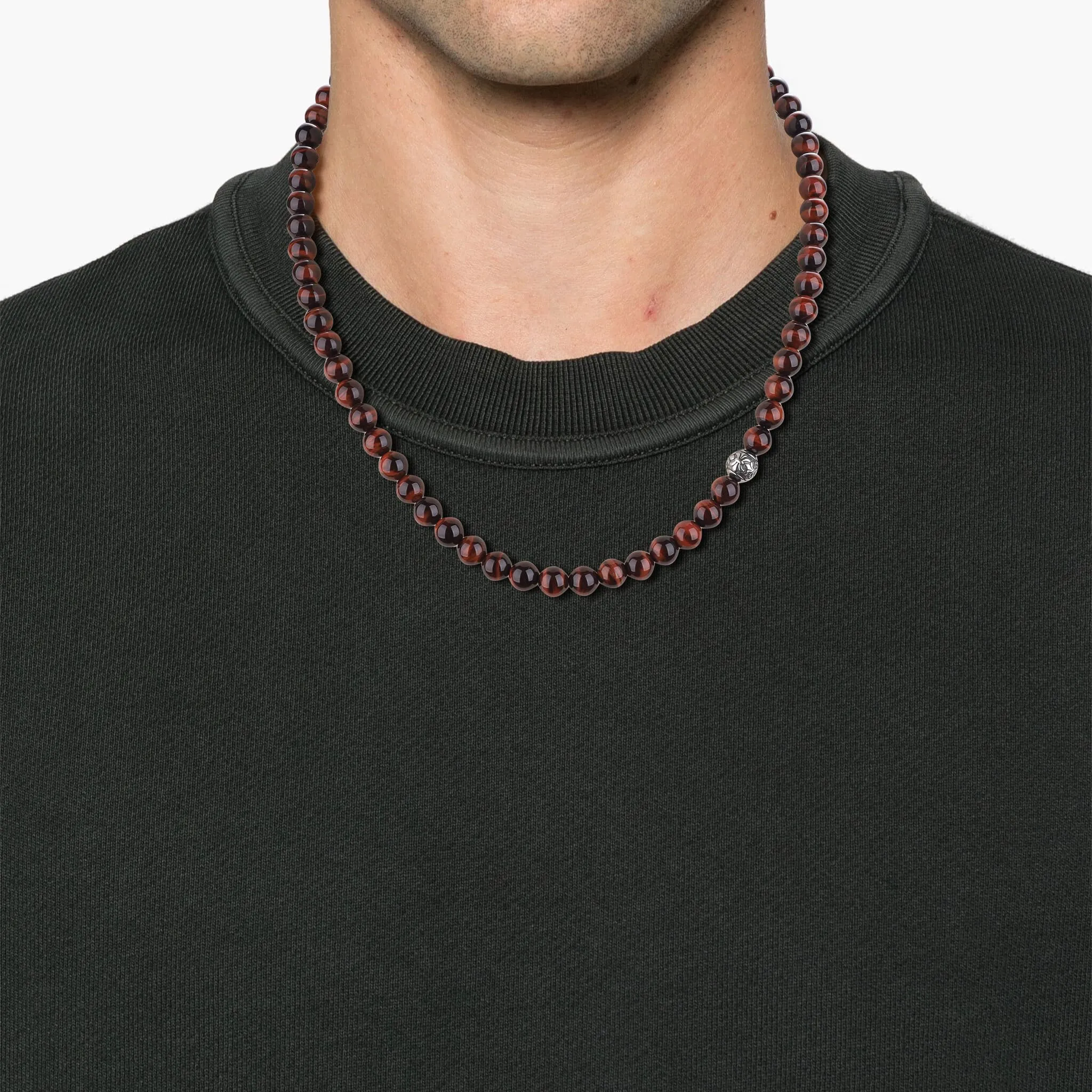 GAVU Collana da Uomo Pietre Naturali, Collana di Perline da Uomo con Occhio di Tigre Rosso e Amuleto Fleur de Lis 65cm - immagine 2