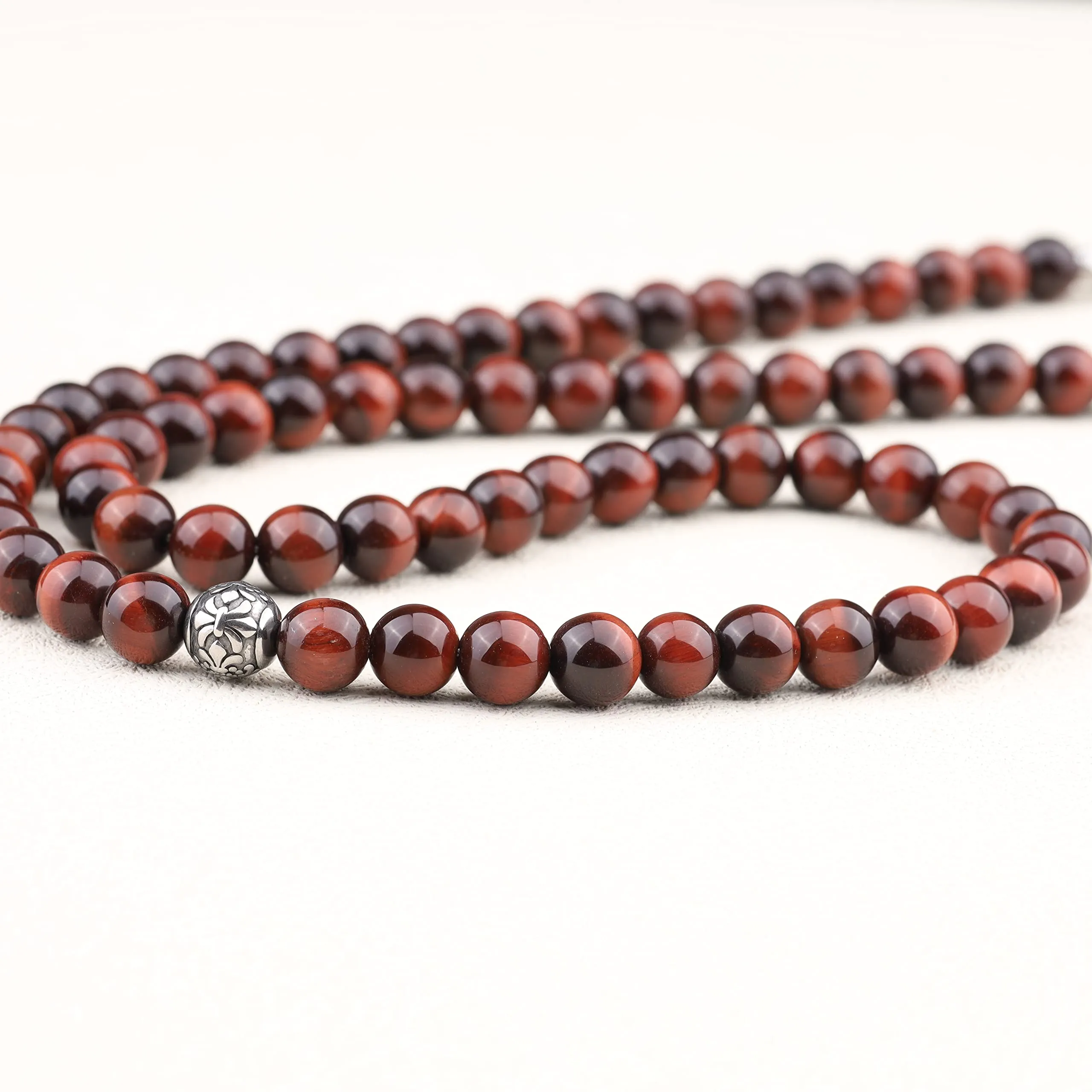 GAVU Collana da Uomo Pietre Naturali, Collana di Perline da Uomo con Occhio di Tigre Rosso e Amuleto Fleur de Lis 65cm - immagine 5
