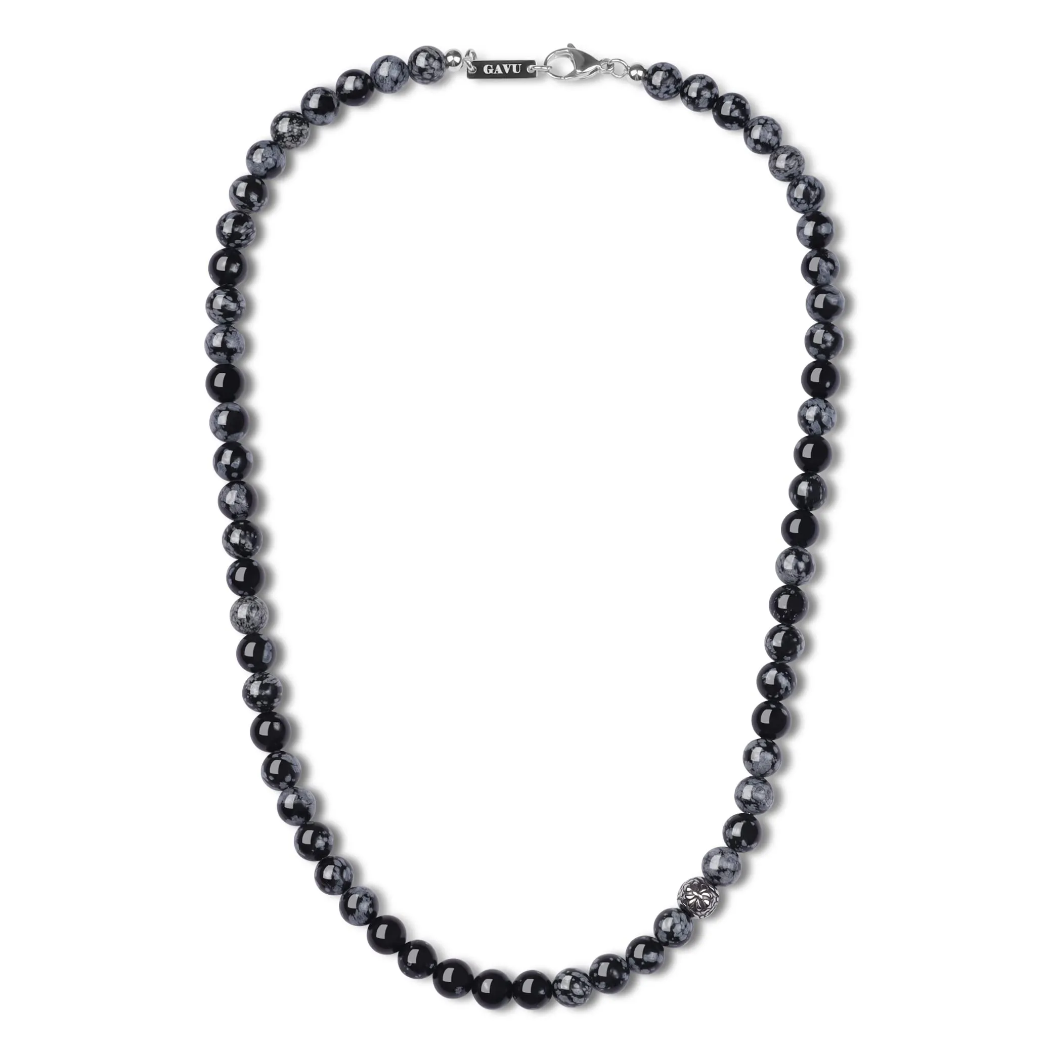 GAVU Collana Pietre Naturali e Cristalli da Uomo con Perline di Ossidiana Fiocco di Neve e Amuleto Fleur de Lis 65cm - immagine 1