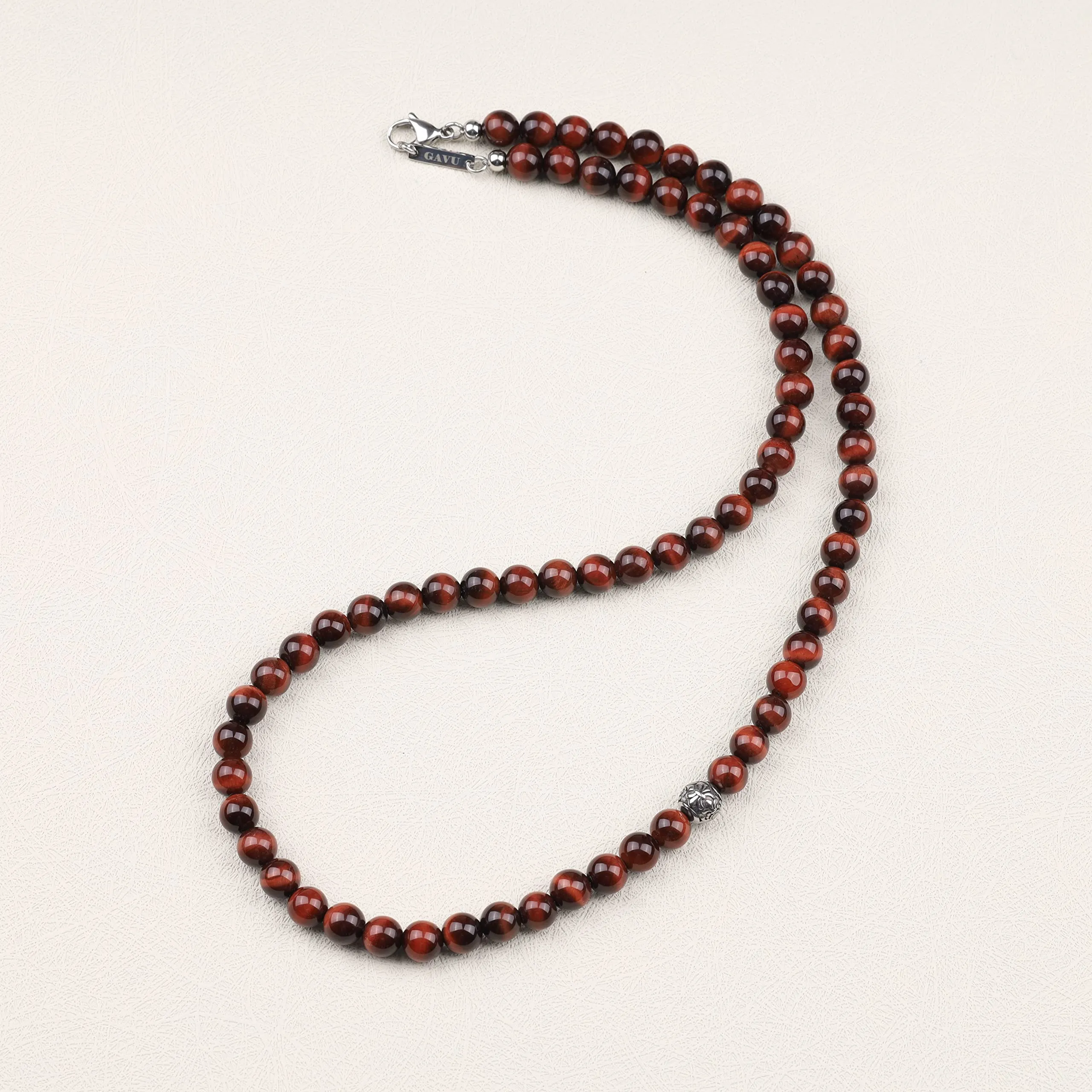 GAVU Collana da Uomo Pietre Naturali, Collana di Perline da Uomo con Occhio di Tigre Rosso e Amuleto Fleur de Lis 50cm - immagine 4