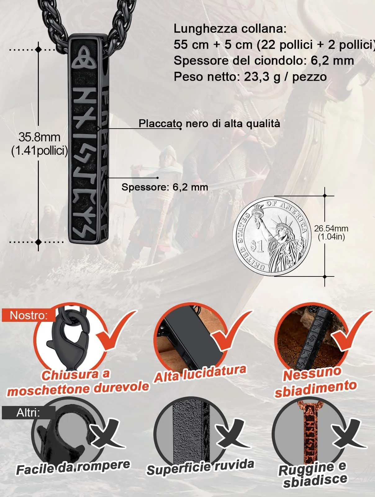 FaithHear Collana Uomo Vichinga Vintage Barra Ciondolo Rune Vichinghe Amuleto del Mito Nordico Collana in Pelle Intrecciata Regalo Compleanno - immagine 2