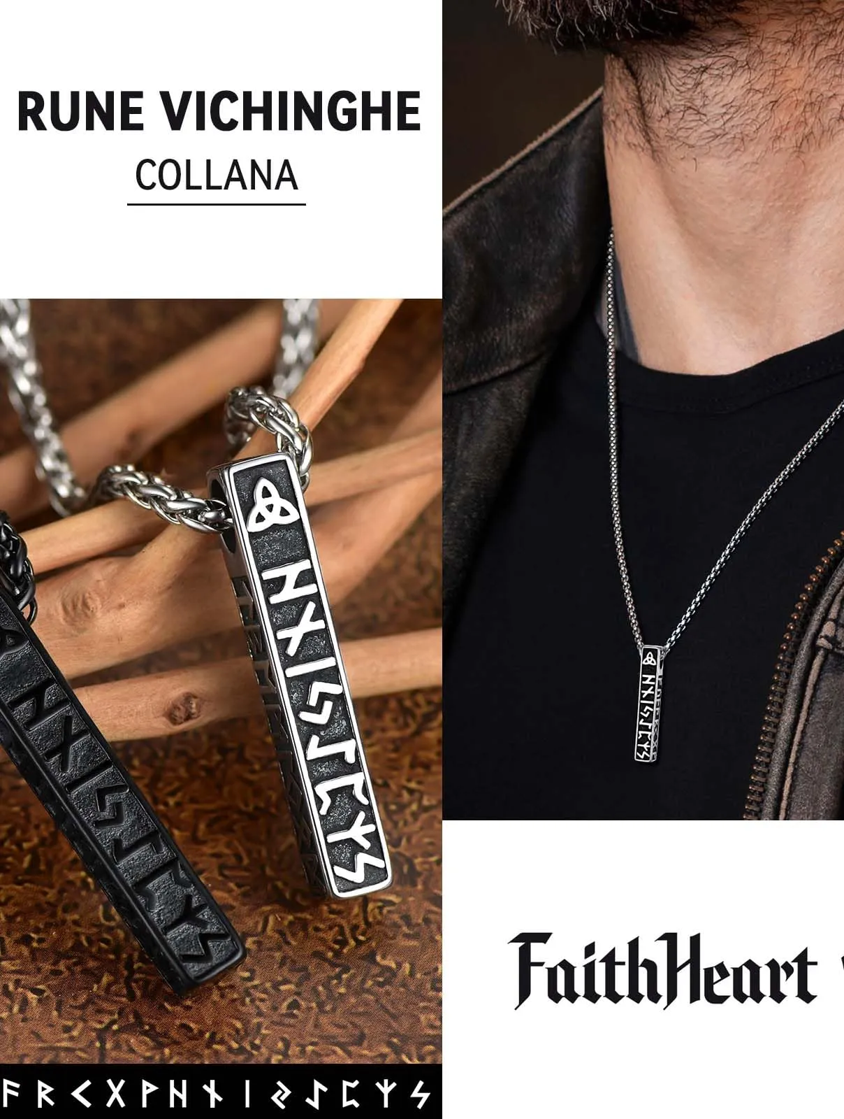 FaithHear Collana Uomo Vichinga Vintage Barra Ciondolo Rune Vichinghe Amuleto del Mito Nordico Collana in Pelle Intrecciata Regalo Compleanno - immagine 5