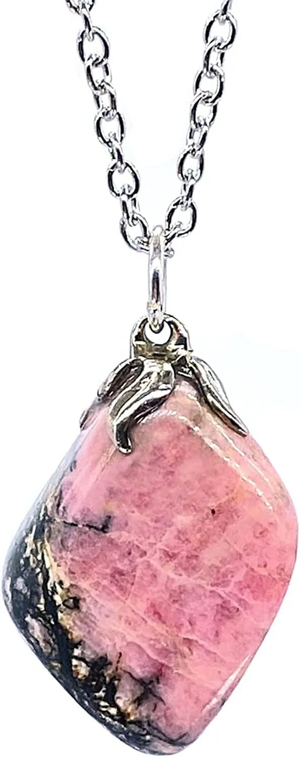 TENET - Ciondolo pendente con pietra dura vera minerale e catenina in acciaio insossidabile (RODONITE) - immagine 1