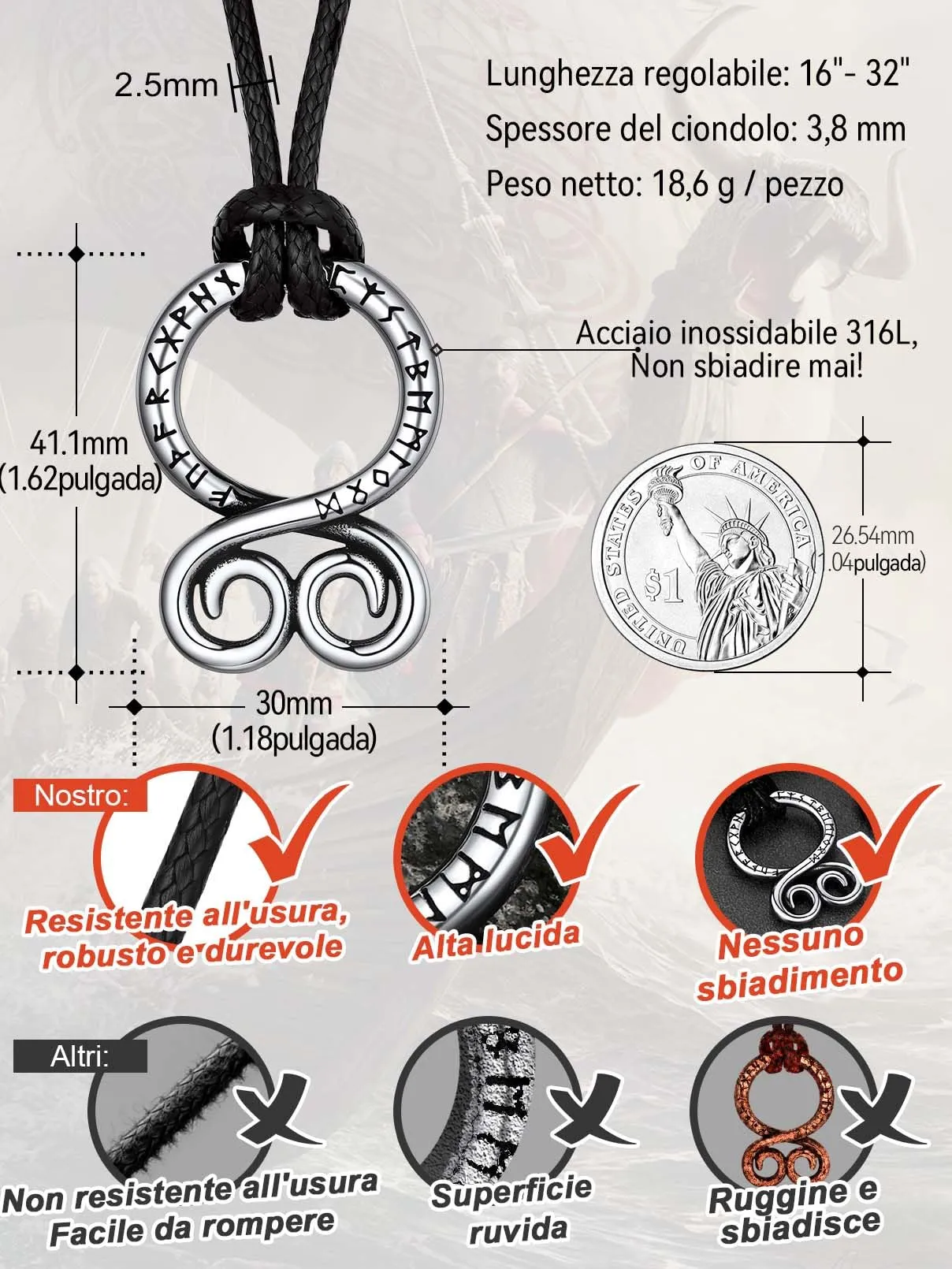 FaithHeart Collana Uomo Vichinga Vintage Croce del Diavolo Rune Vichinghe Amuleto del Mito Nordico Collana in Pelle Intrecciata Regalo Compleanno - immagine 3