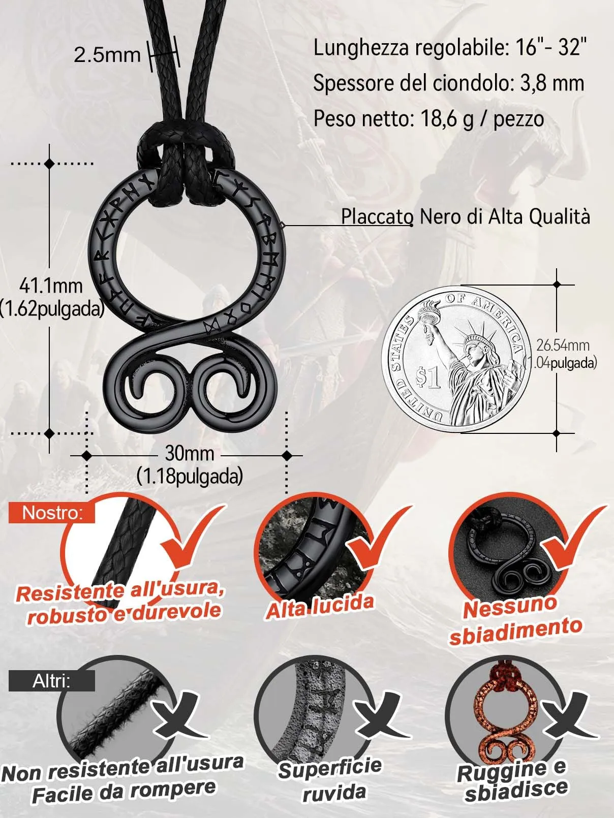 FaithHeart Collana Uomo Vichinga Vintage Croce del Diavolo Rune Vichinghe Amuleto del Mito Nordico Collana in Pelle Intrecciata Regalo Compleanno - immagine 3