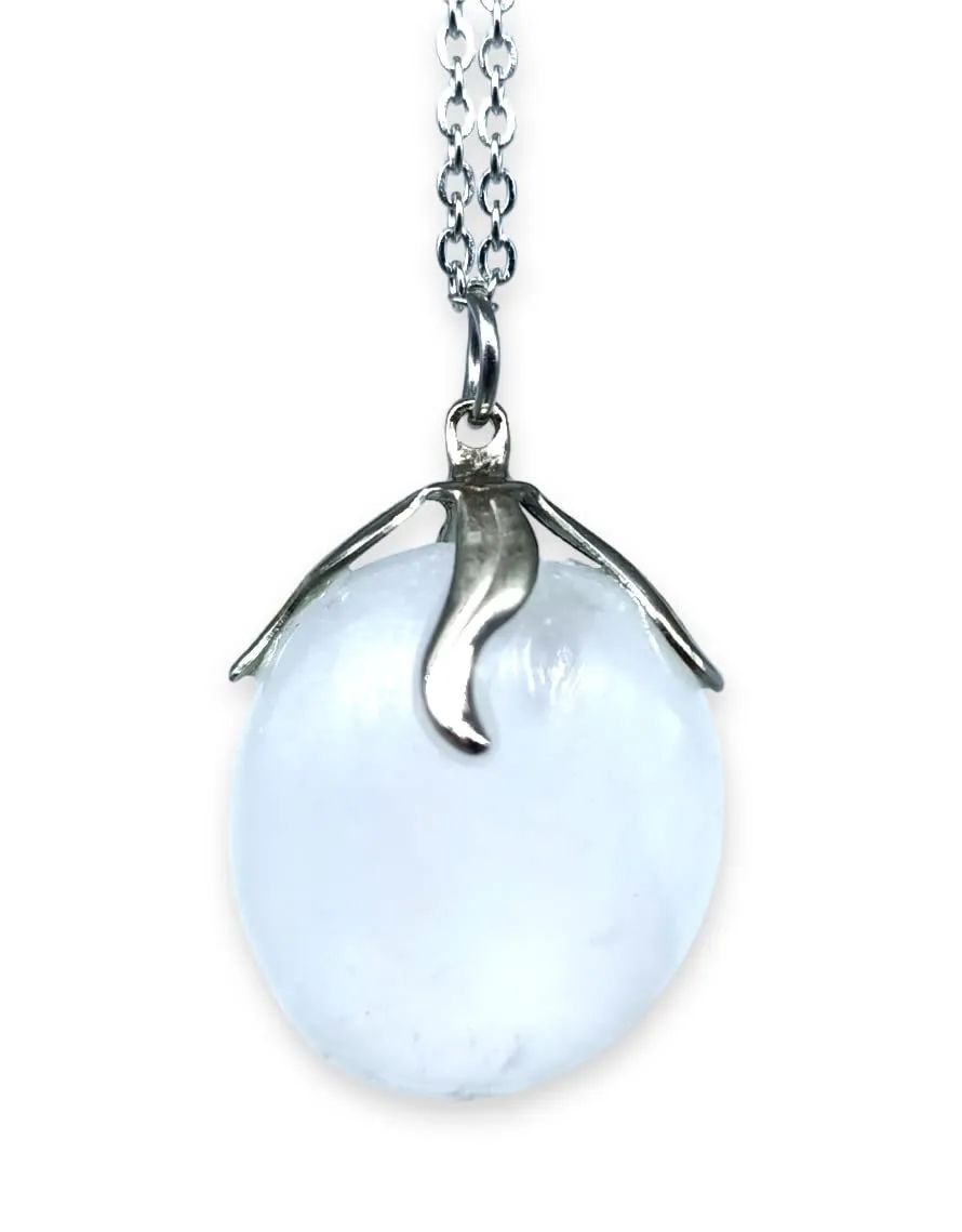 TENET - Ciondolo pendente con pietra dura vera minerale e catenina in acciaio insossidabile (SELENITE) - immagine 1