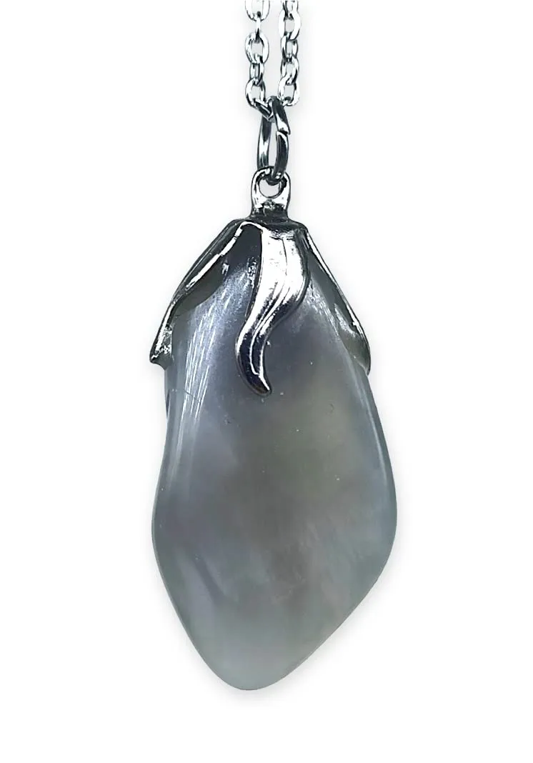 TENET - Ciondolo pendente con pietra dura vera minerale e catenina in acciaio insossidabile (PIETRA DI LUNA GRIGIA) - immagine 1