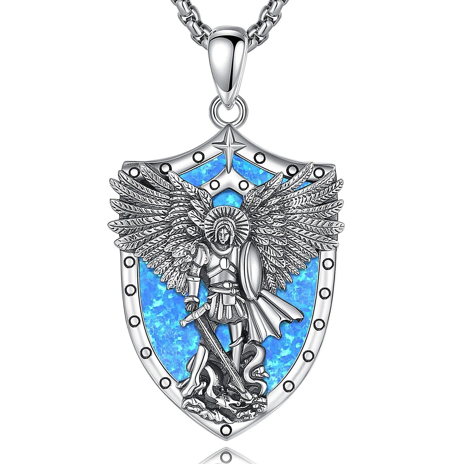 AEONSLOVE Medaglia San Michele Arcangelo Collana San Michele Argento 925 Uomo Donna Ciondolo Arcangelo Michele con Opale Blu Gioielli Amuleto di Protezione Religioso Regalo Cristiano Cattolico - immagine 1