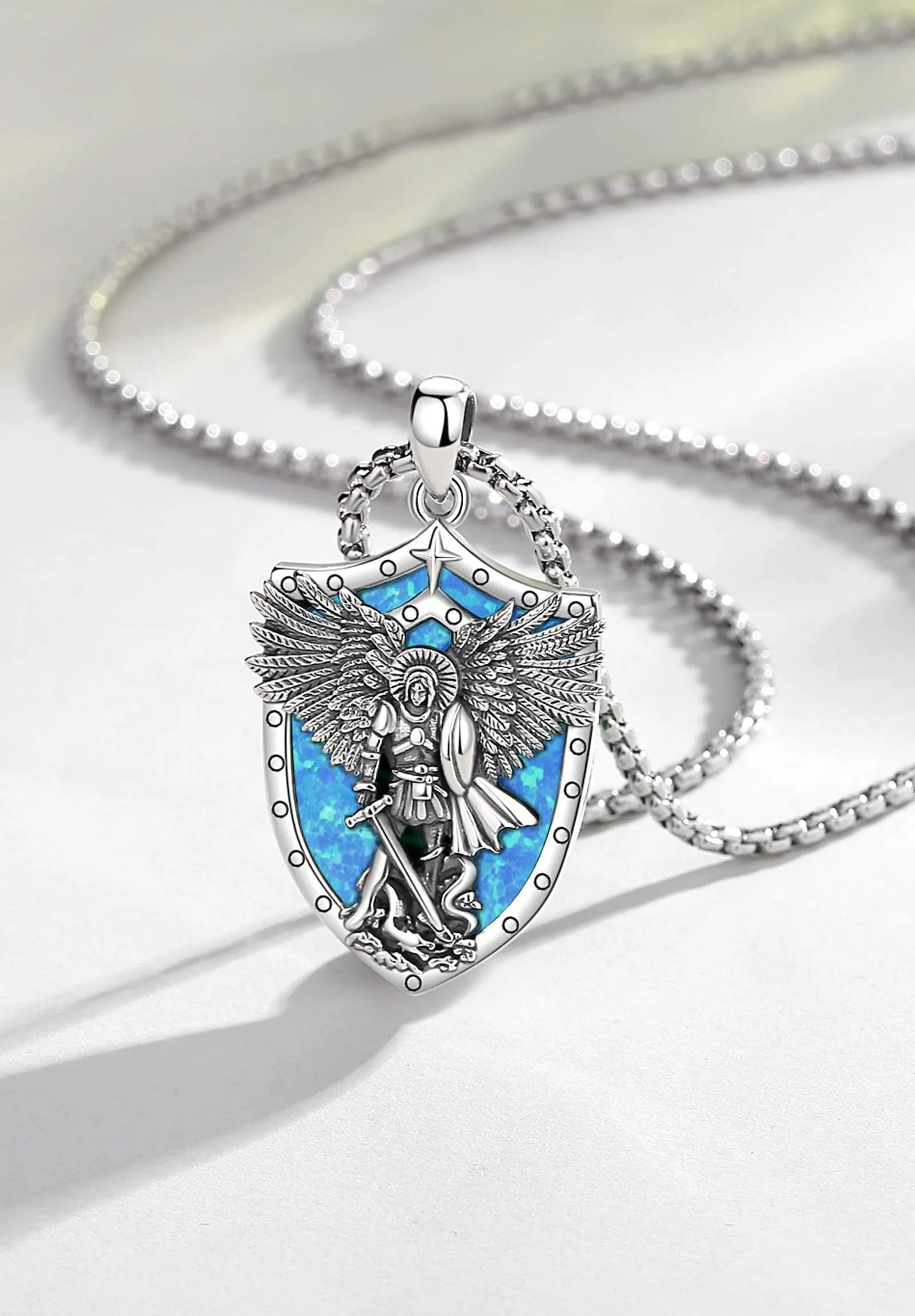 AEONSLOVE Medaglia San Michele Arcangelo Collana San Michele Argento 925 Uomo Donna Ciondolo Arcangelo Michele con Opale Blu Gioielli Amuleto di Protezione Religioso Regalo Cristiano Cattolico - immagine 2