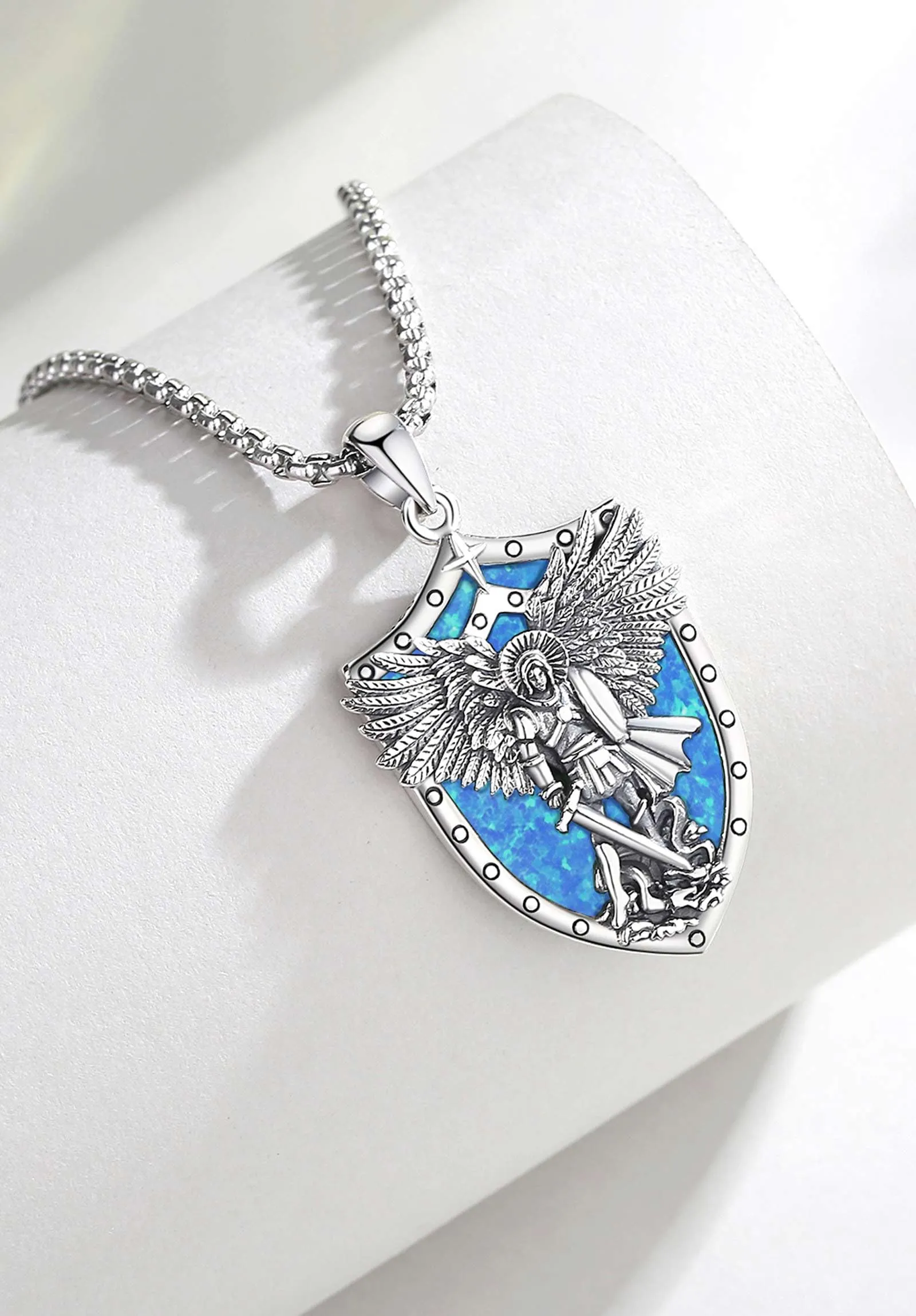 AEONSLOVE Medaglia San Michele Arcangelo Collana San Michele Argento 925 Uomo Donna Ciondolo Arcangelo Michele con Opale Blu Gioielli Amuleto di Protezione Religioso Regalo Cristiano Cattolico - immagine 3