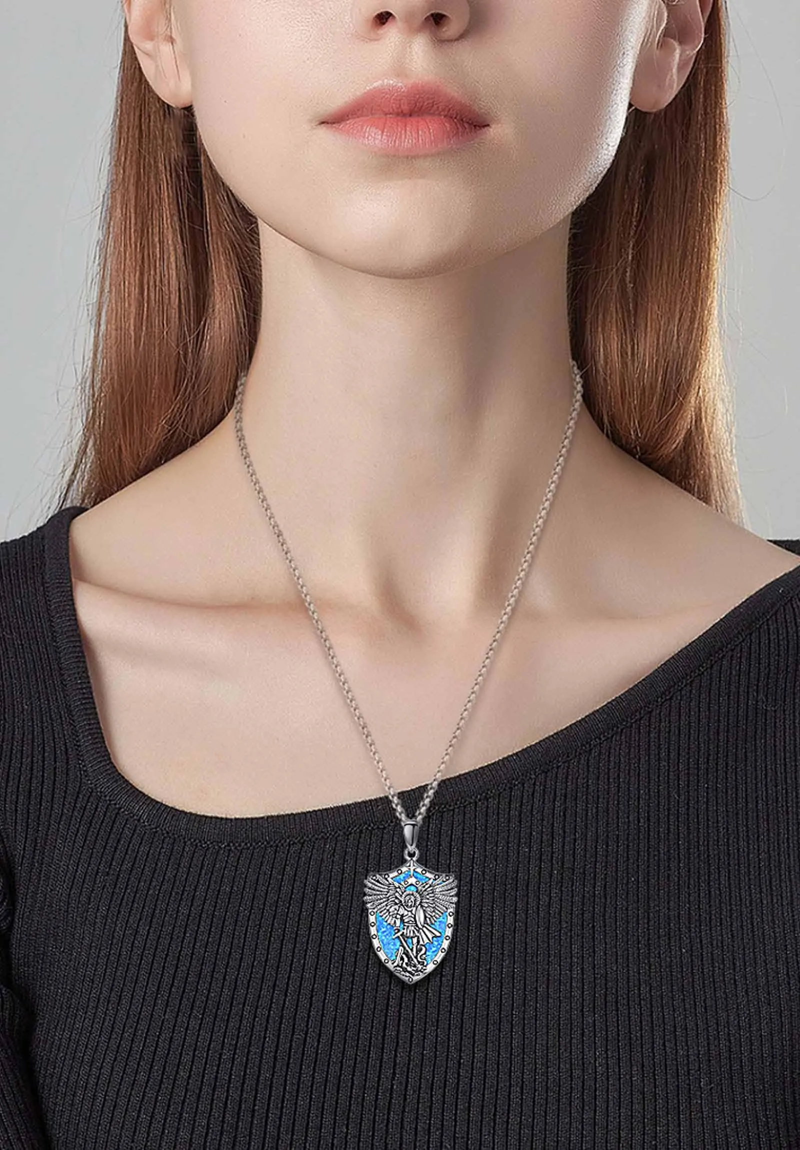AEONSLOVE Medaglia San Michele Arcangelo Collana San Michele Argento 925 Uomo Donna Ciondolo Arcangelo Michele con Opale Blu Gioielli Amuleto di Protezione Religioso Regalo Cristiano Cattolico - immagine 5