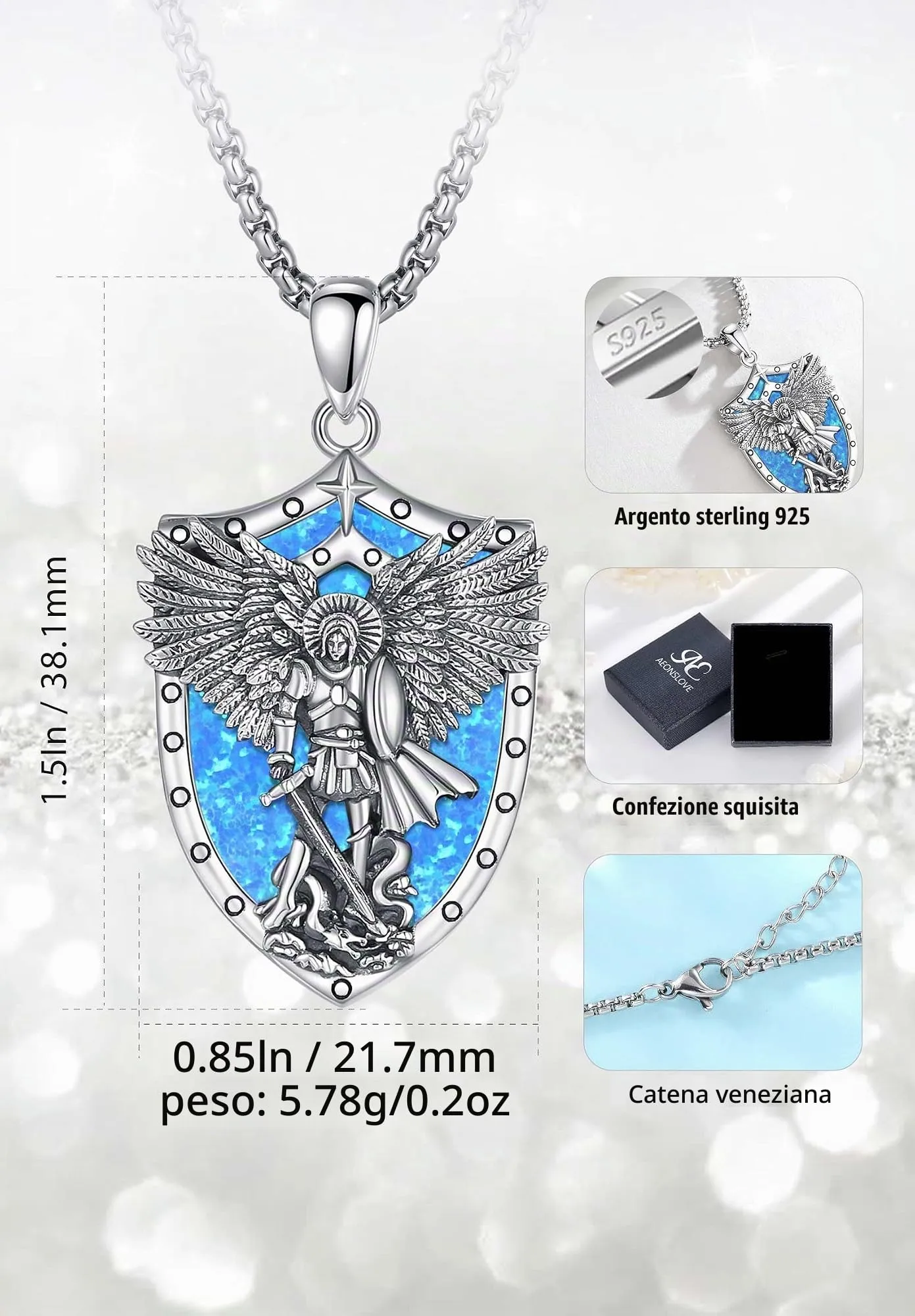 AEONSLOVE Medaglia San Michele Arcangelo Collana San Michele Argento 925 Uomo Donna Ciondolo Arcangelo Michele con Opale Blu Gioielli Amuleto di Protezione Religioso Regalo Cristiano Cattolico - immagine 7