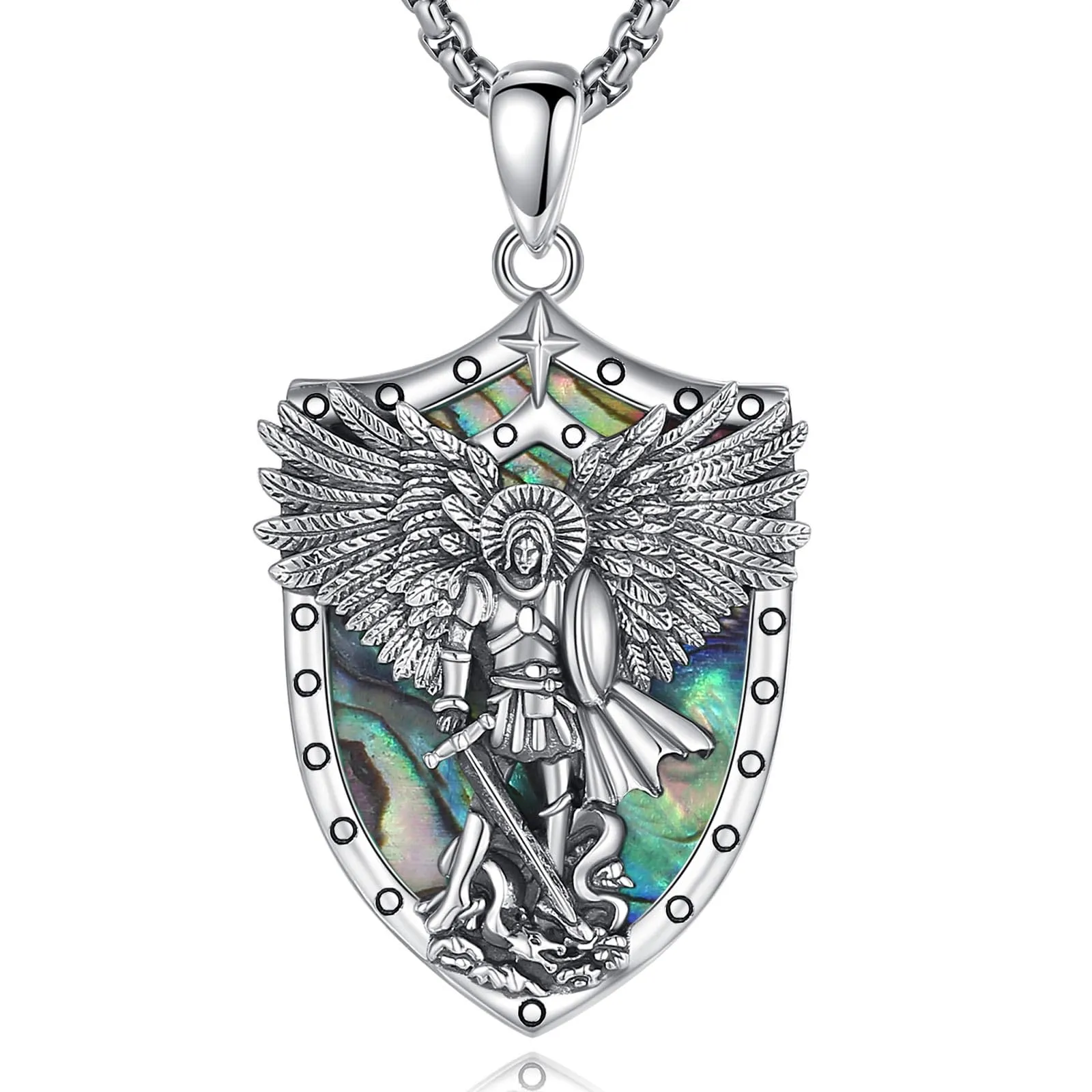 AEONSLOVE Ciondolo San Michele Arcangelo Collana San Michele Argento 925 Uomo Donna Medaglia Arcangelo Michele con Guscio di Abalone Gioielli Amuleto di Protezione Religioso Regalo Cristiano Cattolico - immagine 1