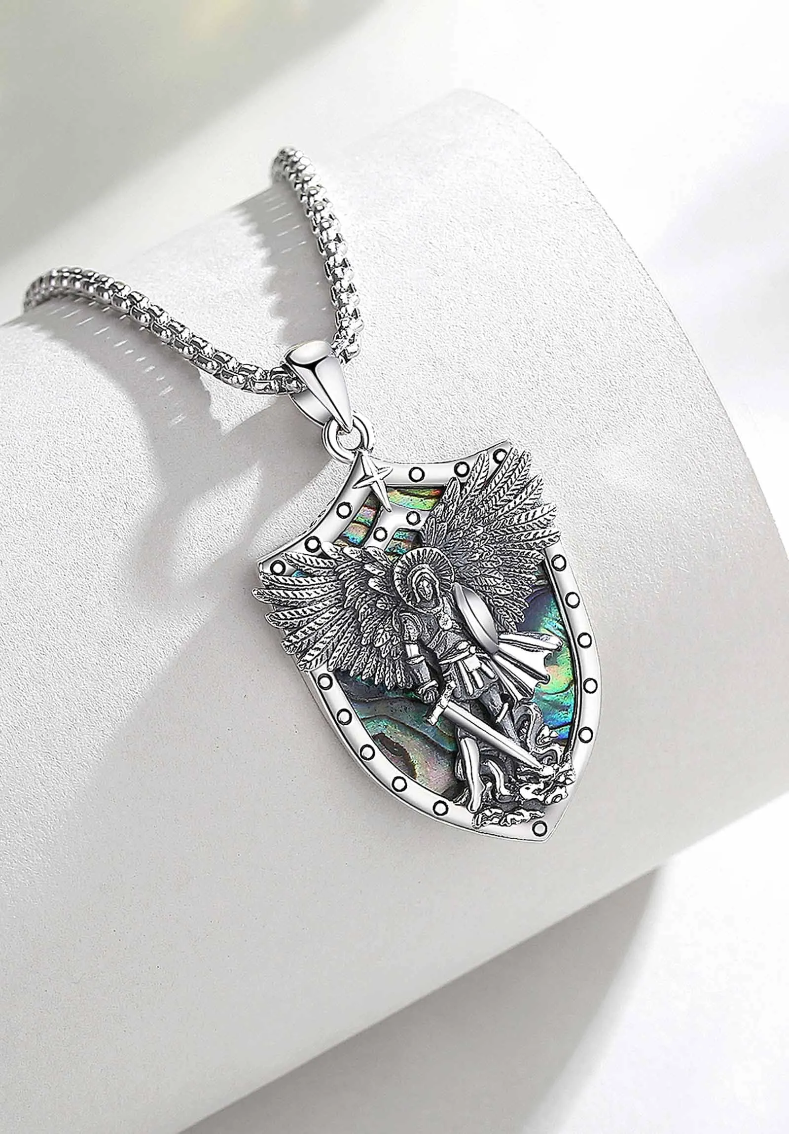 AEONSLOVE Ciondolo San Michele Arcangelo Collana San Michele Argento 925 Uomo Donna Medaglia Arcangelo Michele con Guscio di Abalone Gioielli Amuleto di Protezione Religioso Regalo Cristiano Cattolico - immagine 3
