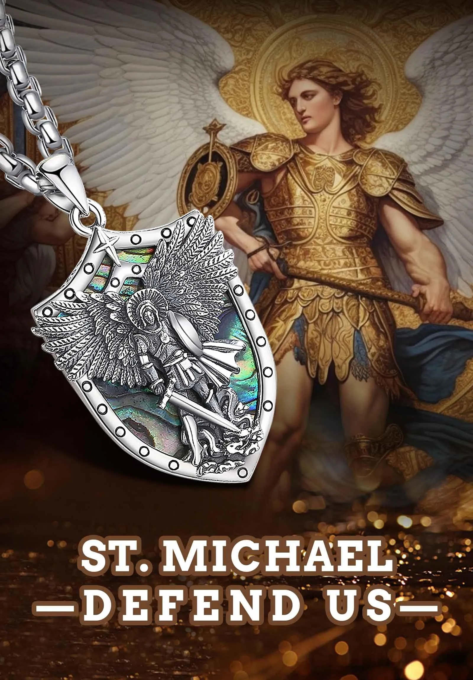 AEONSLOVE Ciondolo San Michele Arcangelo Collana San Michele Argento 925 Uomo Donna Medaglia Arcangelo Michele con Guscio di Abalone Gioielli Amuleto di Protezione Religioso Regalo Cristiano Cattolico - immagine 4