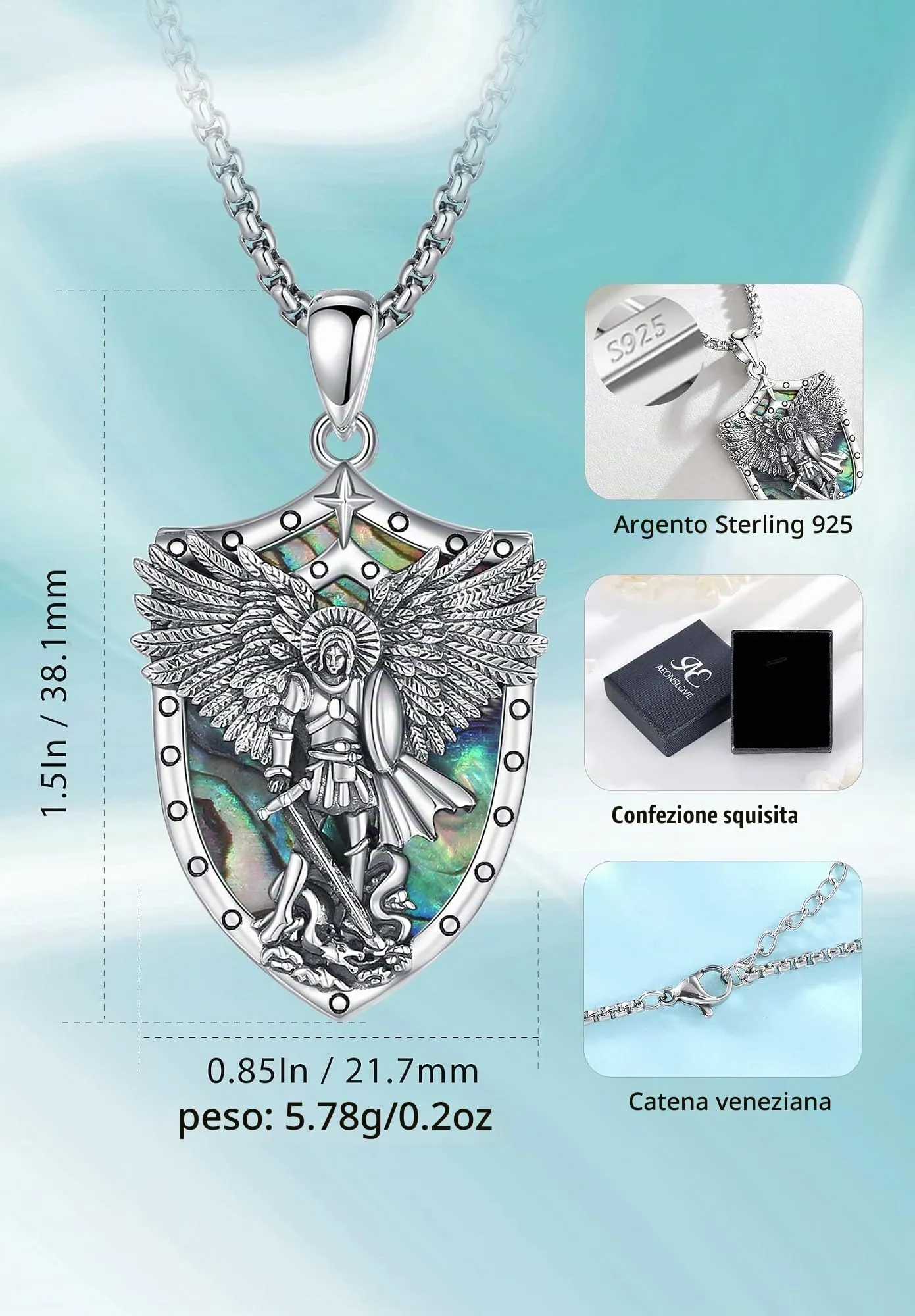 AEONSLOVE Ciondolo San Michele Arcangelo Collana San Michele Argento 925 Uomo Donna Medaglia Arcangelo Michele con Guscio di Abalone Gioielli Amuleto di Protezione Religioso Regalo Cristiano Cattolico - immagine 7