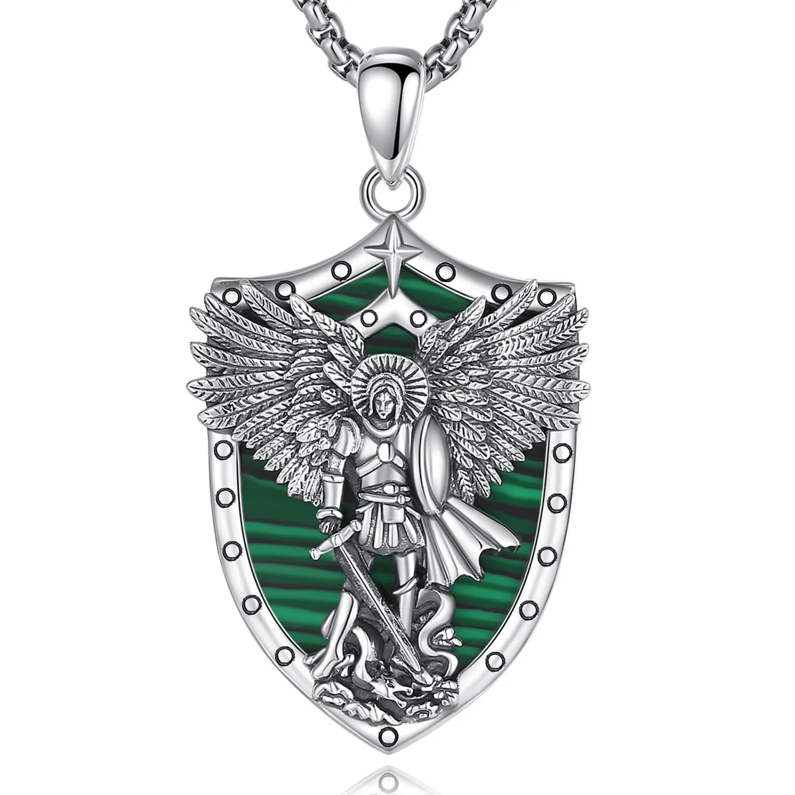 AEONSLOVE Collana San Michele Arcangelo Ciondolo Arcangelo Michele Argento 925 Uomo Donna Medaglia San Michele con Malachite Gioielli Amuleto di Protezione Religioso Regalo Cristiano Cattolico - immagine 1