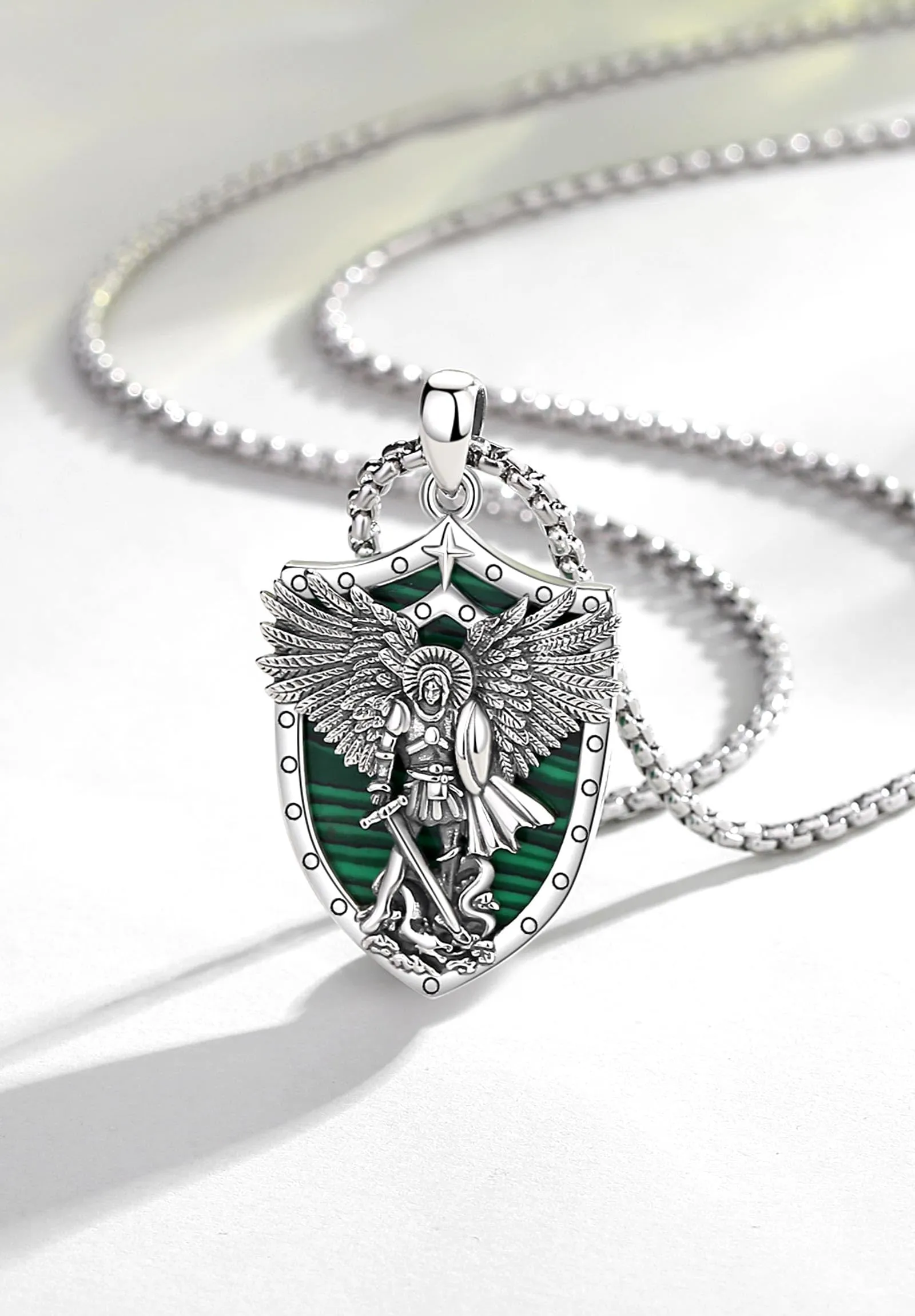 AEONSLOVE Collana San Michele Arcangelo Ciondolo Arcangelo Michele Argento 925 Uomo Donna Medaglia San Michele con Malachite Gioielli Amuleto di Protezione Religioso Regalo Cristiano Cattolico - immagine 2