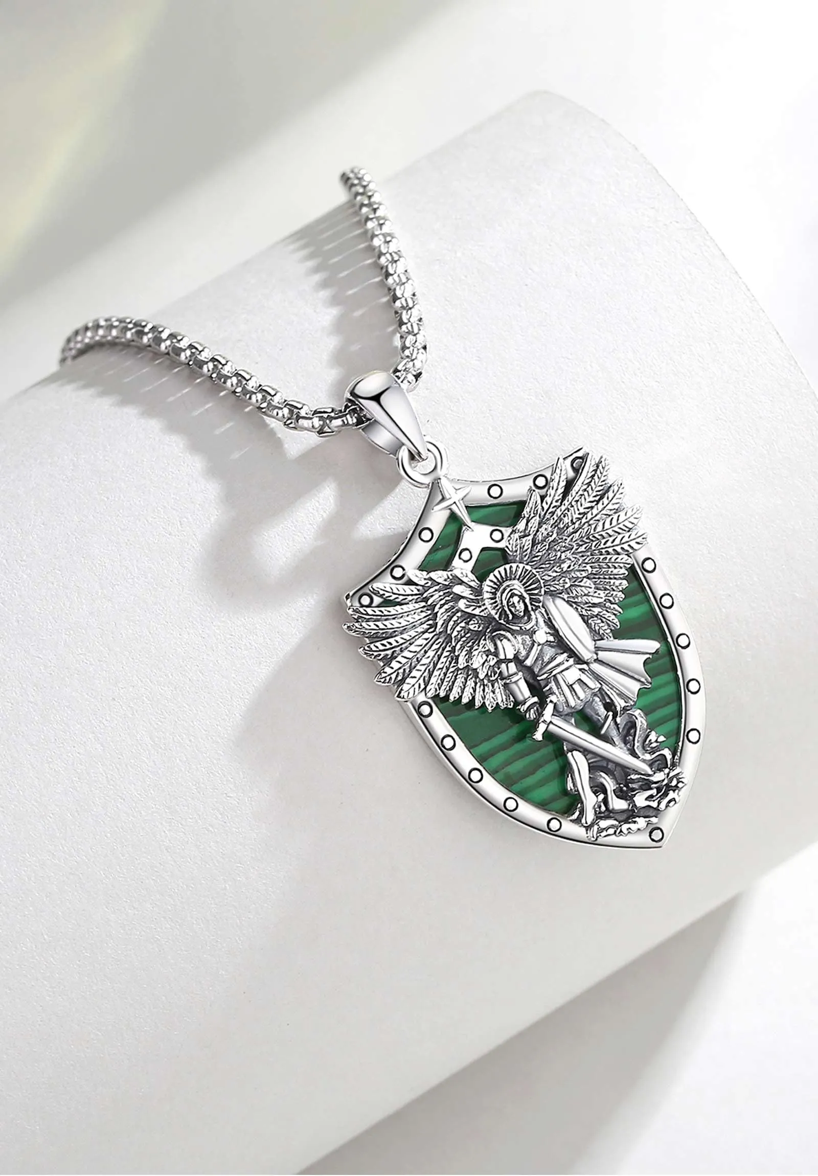 AEONSLOVE Collana San Michele Arcangelo Ciondolo Arcangelo Michele Argento 925 Uomo Donna Medaglia San Michele con Malachite Gioielli Amuleto di Protezione Religioso Regalo Cristiano Cattolico - immagine 3