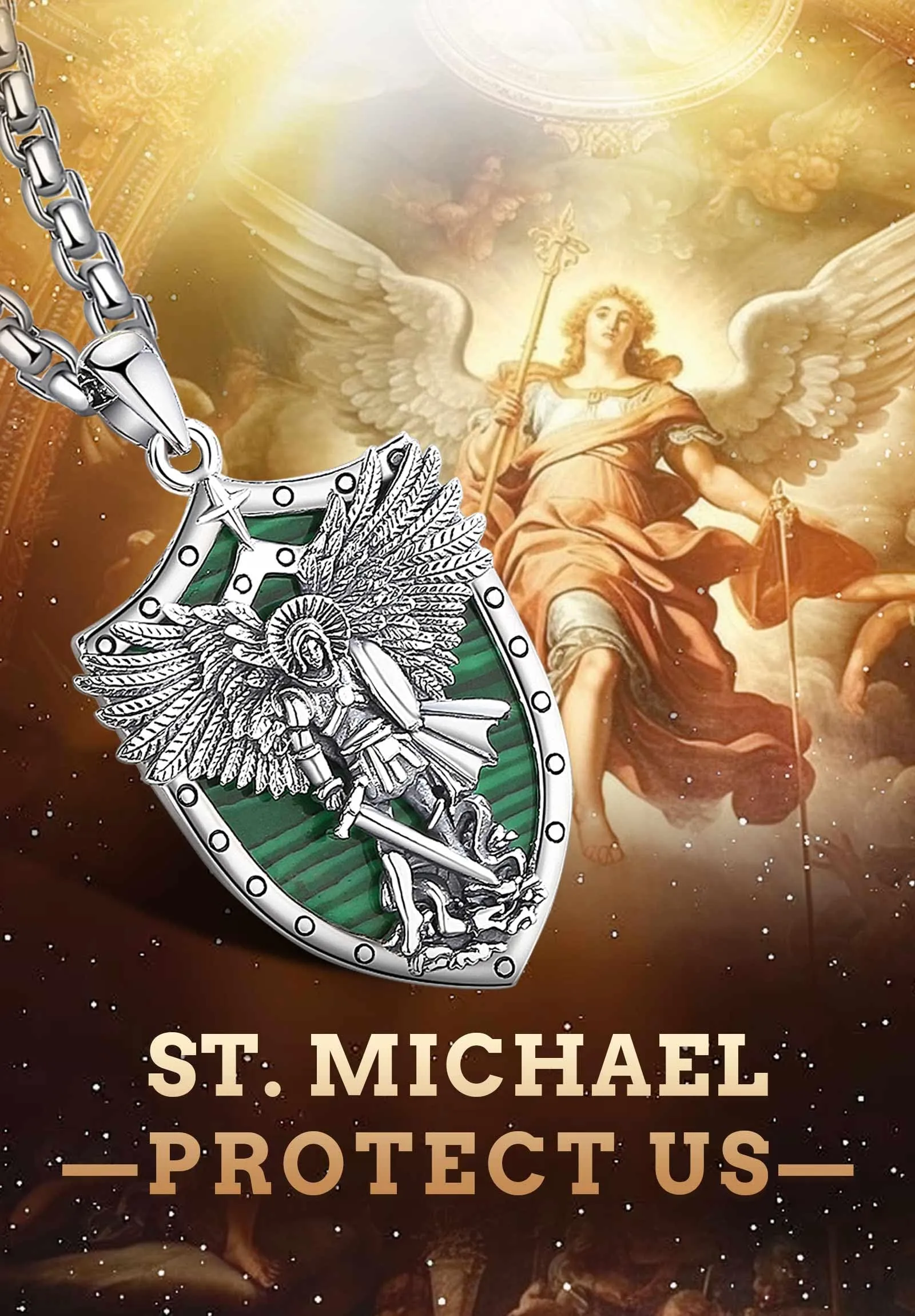 AEONSLOVE Collana San Michele Arcangelo Ciondolo Arcangelo Michele Argento 925 Uomo Donna Medaglia San Michele con Malachite Gioielli Amuleto di Protezione Religioso Regalo Cristiano Cattolico - immagine 4