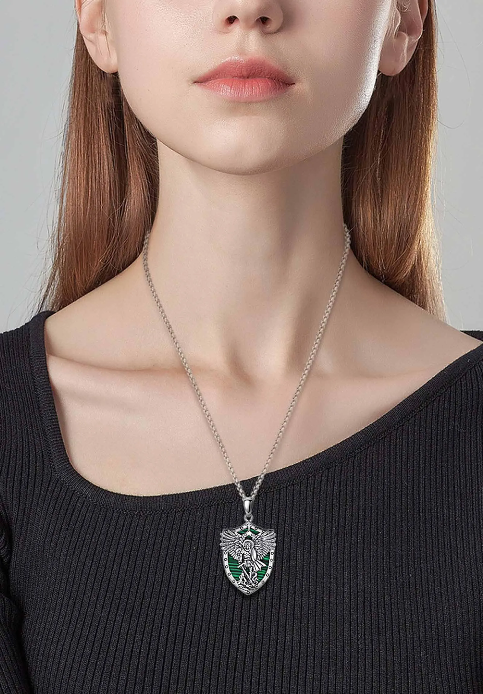 AEONSLOVE Collana San Michele Arcangelo Ciondolo Arcangelo Michele Argento 925 Uomo Donna Medaglia San Michele con Malachite Gioielli Amuleto di Protezione Religioso Regalo Cristiano Cattolico - immagine 6