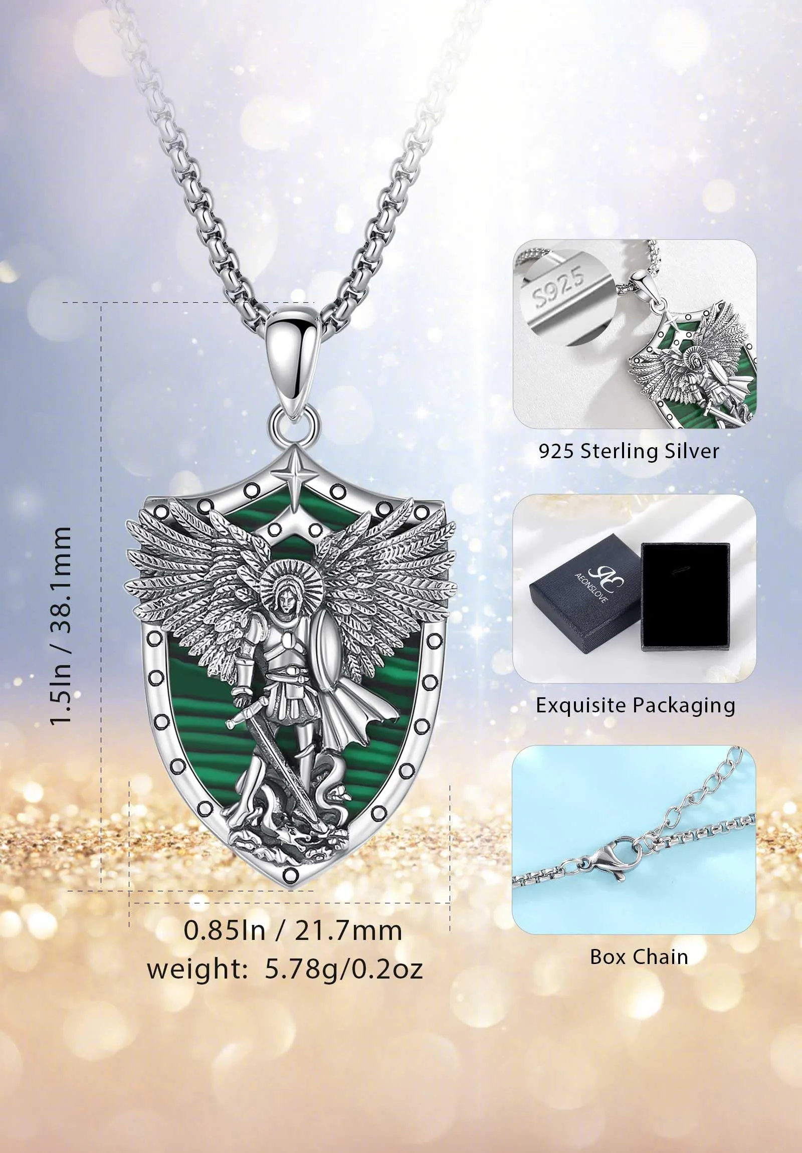 AEONSLOVE Collana San Michele Arcangelo Ciondolo Arcangelo Michele Argento 925 Uomo Donna Medaglia San Michele con Malachite Gioielli Amuleto di Protezione Religioso Regalo Cristiano Cattolico - immagine 7