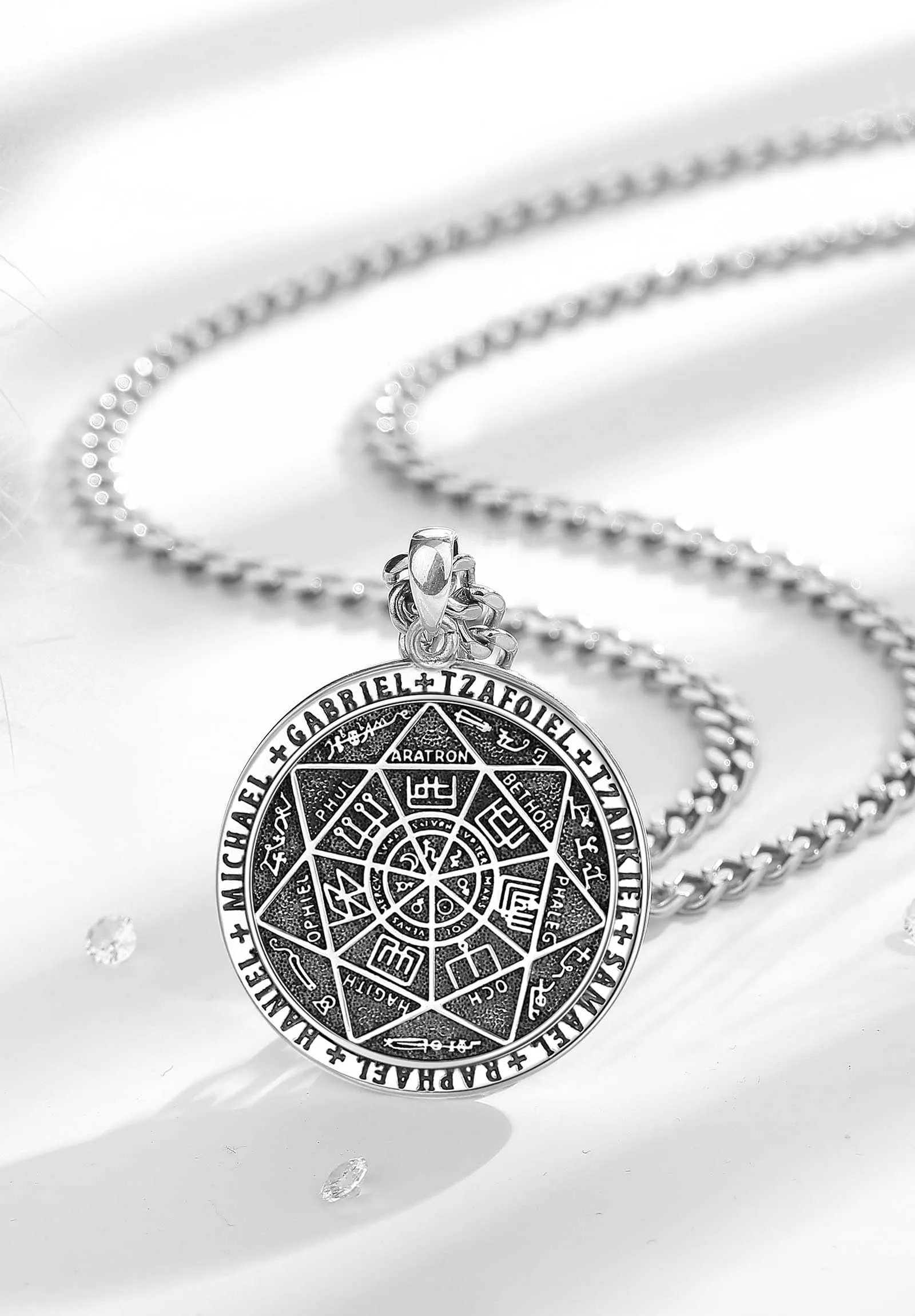 AEONSLOVE Collana 7 Arcangeli Argento 925 per Uomo Donna Ciondolo Sigillo dei 7 Arcangeli Medaglia Amuleti e Talismani Protezione Gioielli Religiosi, Catena da 55,8 + 5 cm - immagine 2