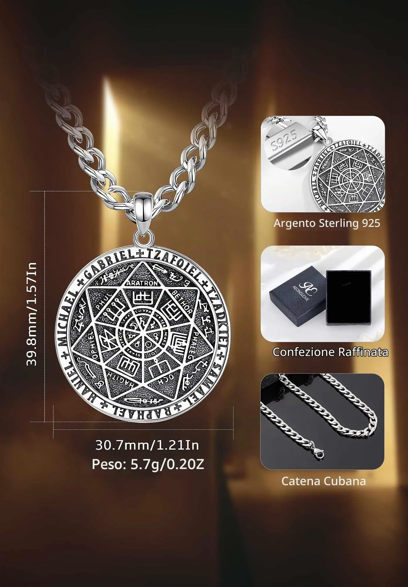 AEONSLOVE Collana 7 Arcangeli Argento 925 per Uomo Donna Ciondolo Sigillo dei 7 Arcangeli Medaglia Amuleti e Talismani Protezione Gioielli Religiosi, Catena da 55,8 + 5 cm - immagine 4
